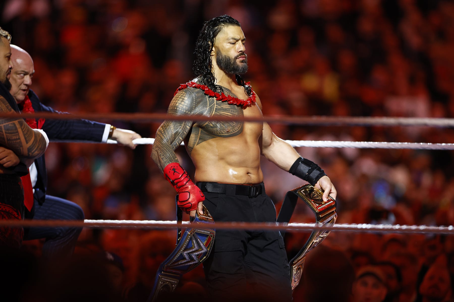 INGLEWOOD, CALIFORNIA - APRIL 02:  (L-R) Cody Rhodes wrestles Roman Reigns for Undisputed WWE Universal Title Match during WrestleMania Goes Hollywood at SoFi Stadium on April 02, 2023 in Inglewood, California.
 (Photo by Ronald Martinez/Getty Images)