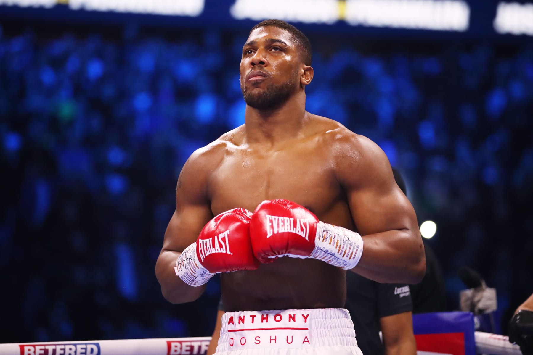 LONDON, ENGLAND - APRIL 01: Anthony Joshua looks on prior to the Heavyweight fight between Anthony Joshua and Jermaine Franklin at The O2 Arena on April 01, 2023 in London, England. (Photo by James Chance/Getty Images)