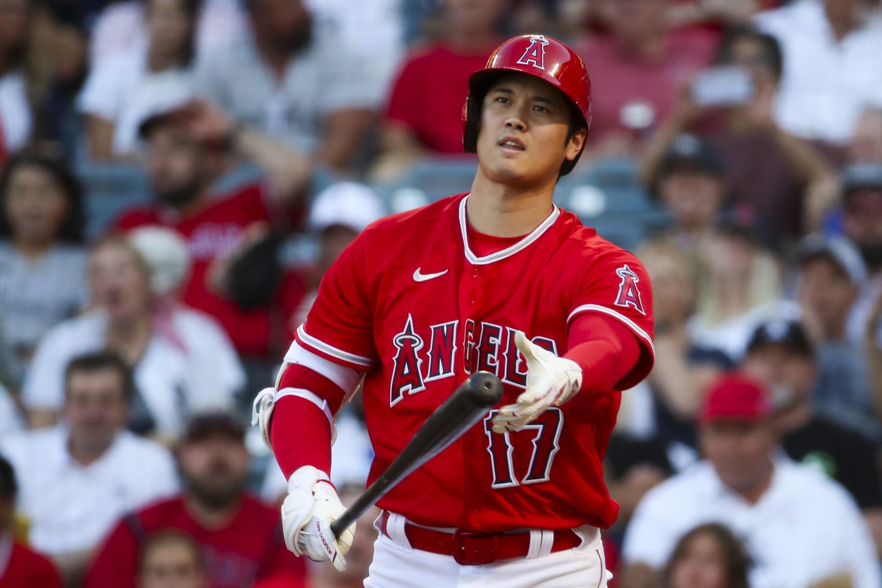 Anaheim, CA - July 18: Angeles designated hitter Shohei Ohtani during a game with the Yankees at Angel Stadium in Anaheim Tuesday, July 18, 2023.  (Allen J. Schaben / Los Angeles Times via Getty Images)