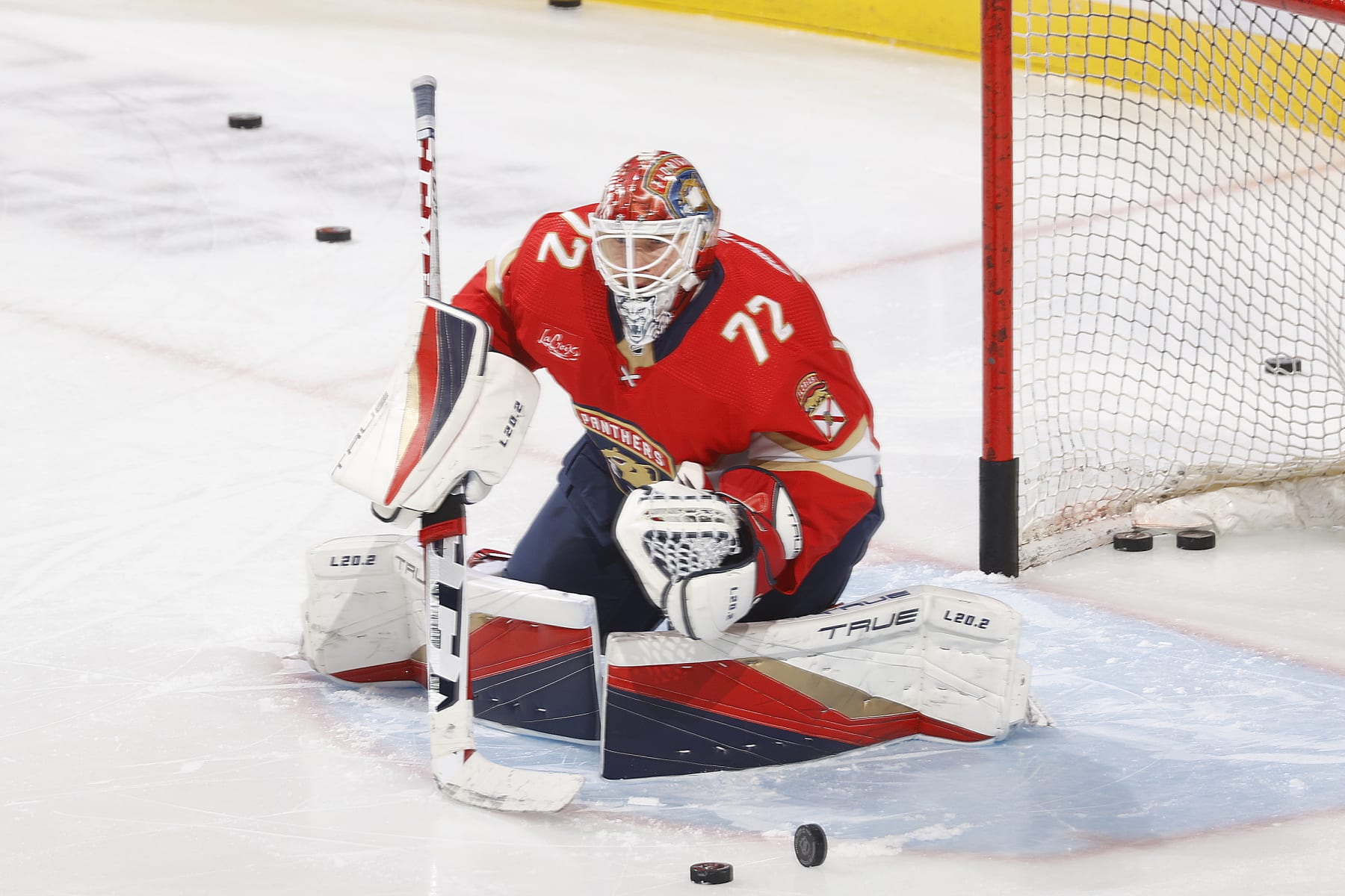 SUNRISE, FL - OCTOBER 21: Goaltender Sergei Bobrovsky #72 of the Florida Panthers warms up prior to the game against the Vancouver Canucks at the Amerant Bank Arena on October 21, 2023 in Sunrise, Florida. (Photo by Joel Auerbach/Getty Images) SUNRISE, FL - OCTOBER 21: Goaltender Sergei Bobrovsky #72 of the Florida Panthers warms up prior to the game against the Vancouver Canucks at the Amerant Bank Arena on October 21, 2023 in Sunrise, Florida. (Photo by Joel Auerbach/Getty Images)