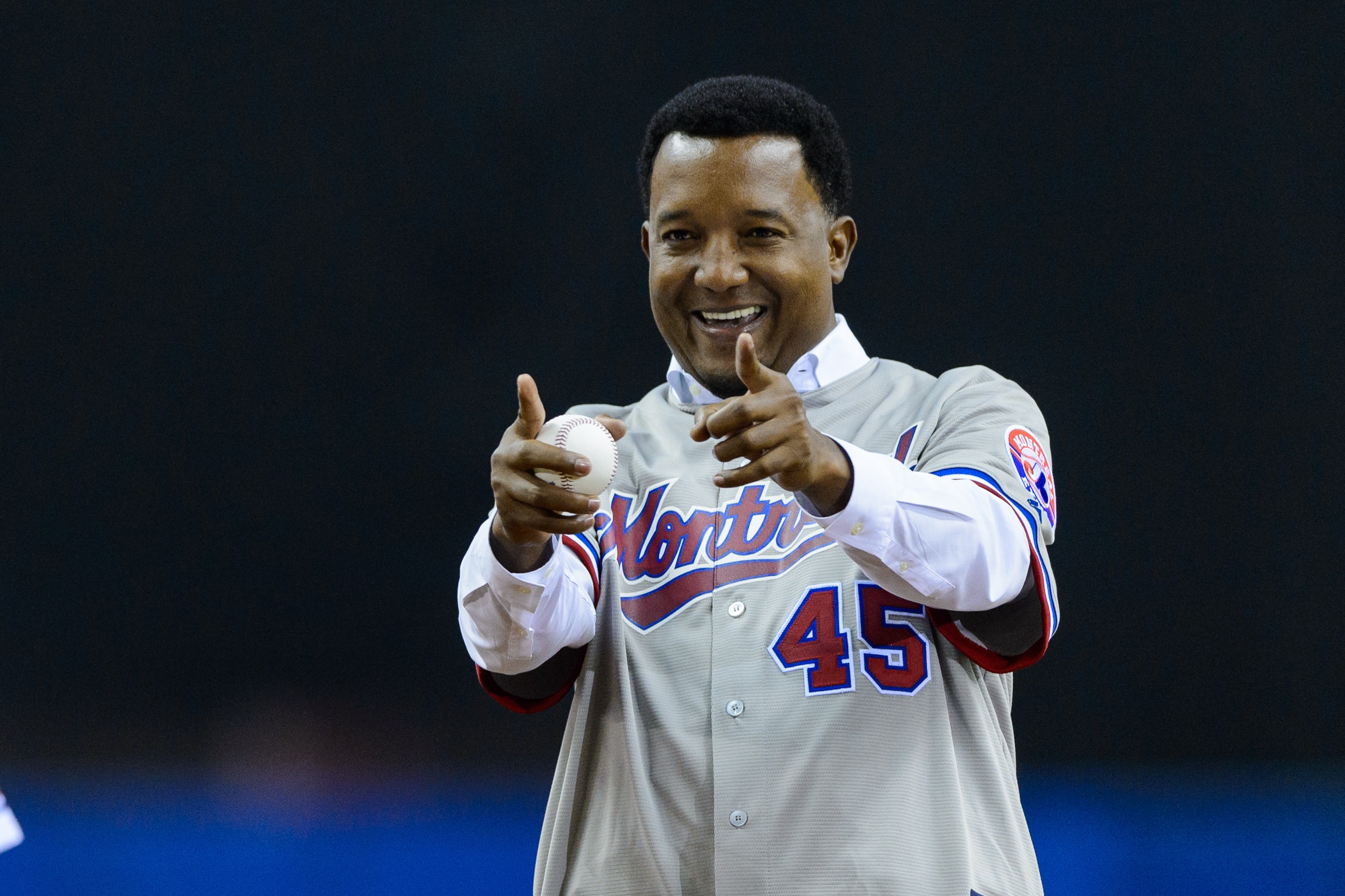 MONTREAL, QC - APRIL 01:  Former Montreal Expos pitcher Pedro Martinez thanks the fans during the MLB spring training game between the Toronto Blue Jays and the Boston Red Sox at Olympic Stadium on April 1, 2016 in Montreal, Quebec, Canada.  (Photo by Minas Panagiotakis/Getty Images)