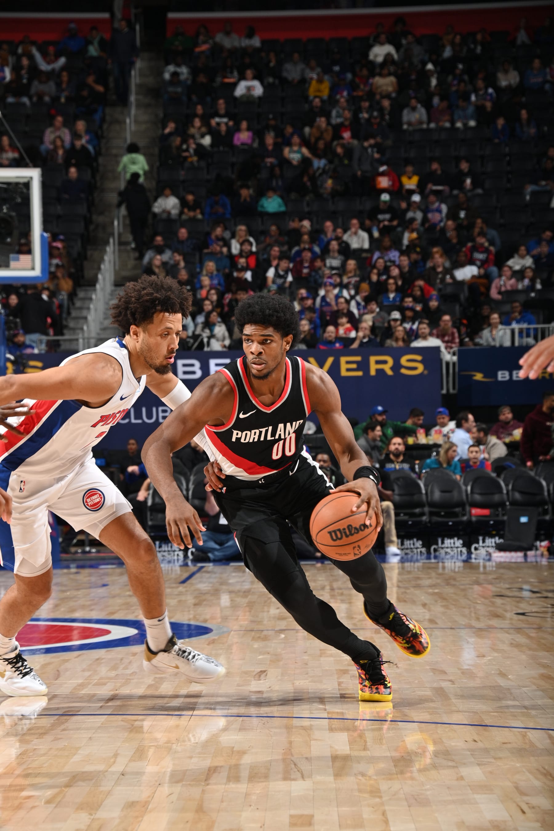 DETROIT, MI - NOVEMBER 1: Scoot Henderson #00 of the Portland Trail Blazers dribbles the ball during the game against the Detroit Pistons on November 1, 2023 at Little Caesars Arena in Detroit, Michigan. NOTE TO USER: User expressly acknowledges and agrees that, by downloading and/or using this photograph, User is consenting to the terms and conditions of the Getty Images License Agreement. Mandatory Copyright Notice: Copyright 2023 NBAE (Photo by Chris Schwegler/NBAE via Getty Images)