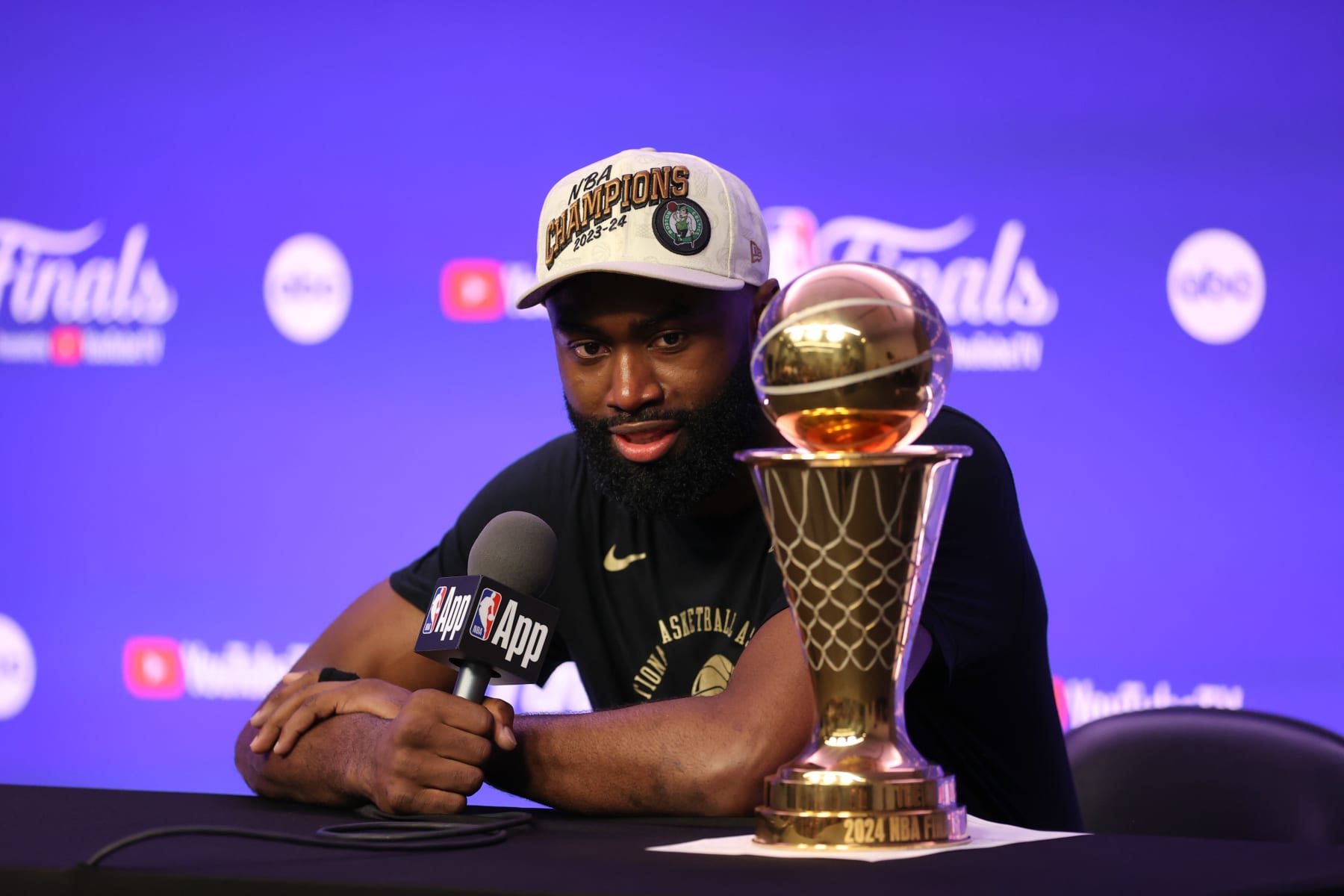 BOSTON, MA - JUNE 17: Jaylen Brown #7 of the Boston Celtics talks to the media after the game against the Dallas Mavericks during Game 5 of the 2024 NBA Finals on June 17, 2024 at the TD Garden in Boston, Massachusetts. NOTE TO USER: User expressly acknowledges and agrees that, by downloading and or using this photograph, User is consenting to the terms and conditions of the Getty Images License Agreement. Mandatory Copyright Notice: Copyright 2024 NBAE  (Photo by Stephen Gosling/NBAE via Getty Images)
