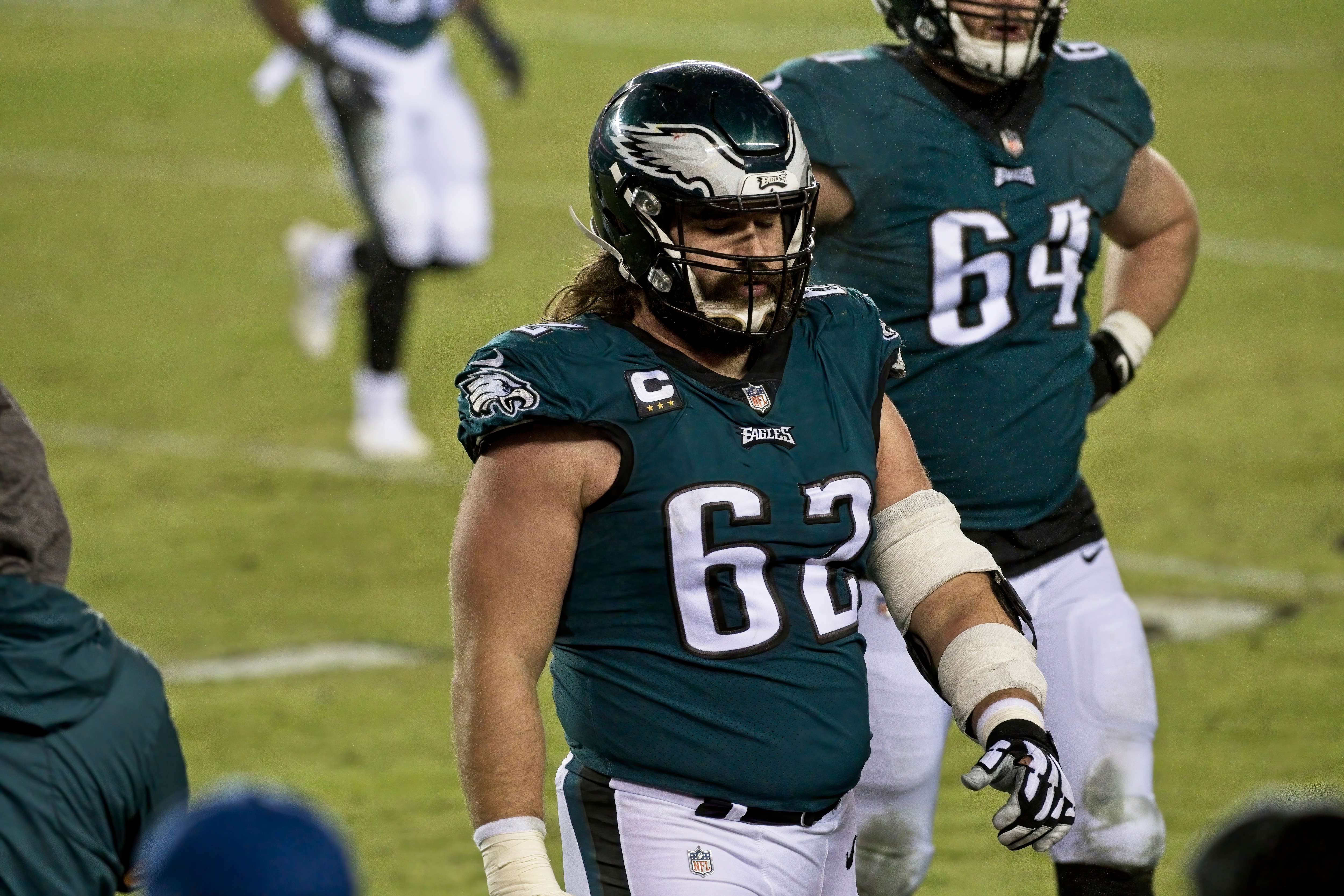 PHILADELPHIA, PA - JANUARY 03: Philadelphia Eagles center Jason Kelce (62) looks on during the game between the Washington Football Team and the Philadelphia Eagles on January 3, 2021 at Lincoln Financial Field in Philadelphia, PA. (Photo by Andy Lewis/Icon Sportswire via Getty Images)
