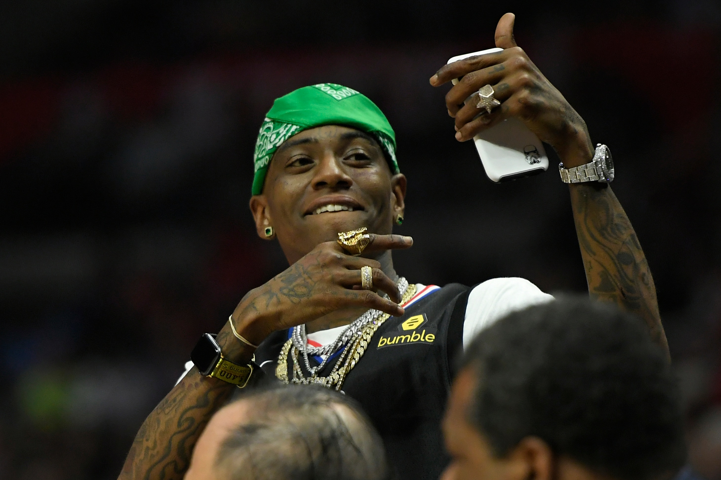 LOS ANGELES, CA - MARCH 15: Rapper Soulja Boy takes selfies during a game between the Los Angeles Clippers and Chicago Bulls at Staples Center on March 15, 2019 in Los Angeles, California. NOTE TO USER: User expressly acknowledges and agrees that, by downloading and or using this photograph, User is consenting to the terms and conditions of the Getty Images License Agreement.(Photo by John McCoy/Getty Images)