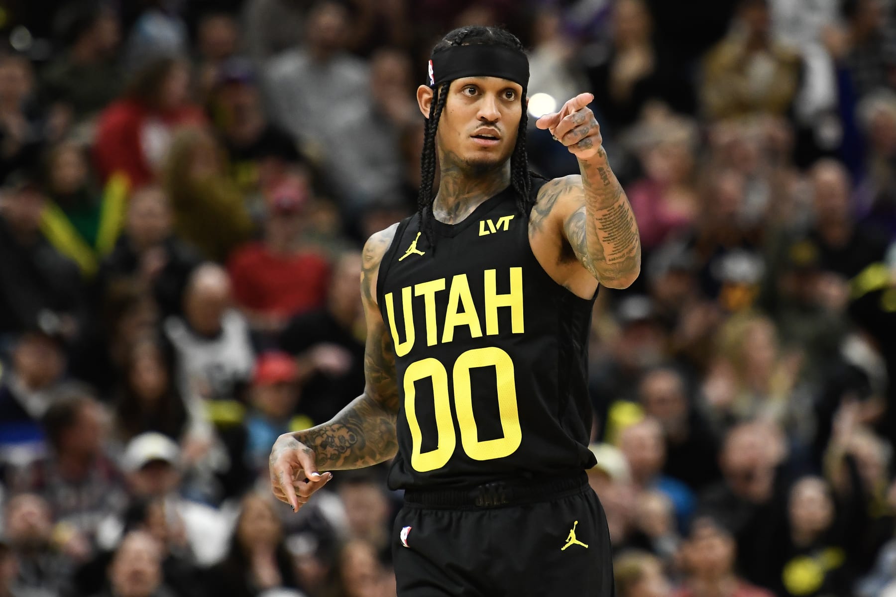 SALT LAKE CITY, UTAH - JANUARY 12: Jordan Clarkson #00 of the Utah Jazz in action during the first half of a game against the Toronto Raptors at Delta Center on January 12, 2024 in Salt Lake City, Utah. NOTE TO USER: User expressly acknowledges and agrees that, by downloading and or using this photograph, User is consenting to the terms and conditions of the Getty Images License Agreement. (Photo by Alex Goodlett/Getty Images)