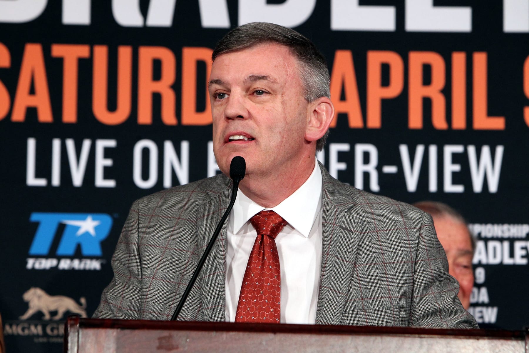 Teddy Atlas, trainer of Timothy Bradley, speaks at a press conference at the Beverly Hills Hotel in Beverly Hills, California, January 19, 2016, announcing the upcoming 12-round world welterweight championship bout against Manny Pacquiao. - Pacquiao said he is looking forward to swapping the boxing ring for the political arena as the countdown began towards his farewell fight with long-time American rival Timothey Bradley on April9, 2016. (Photo by Chris FARINA / AFP) (Photo by CHRIS FARINA/AFP via Getty Images)