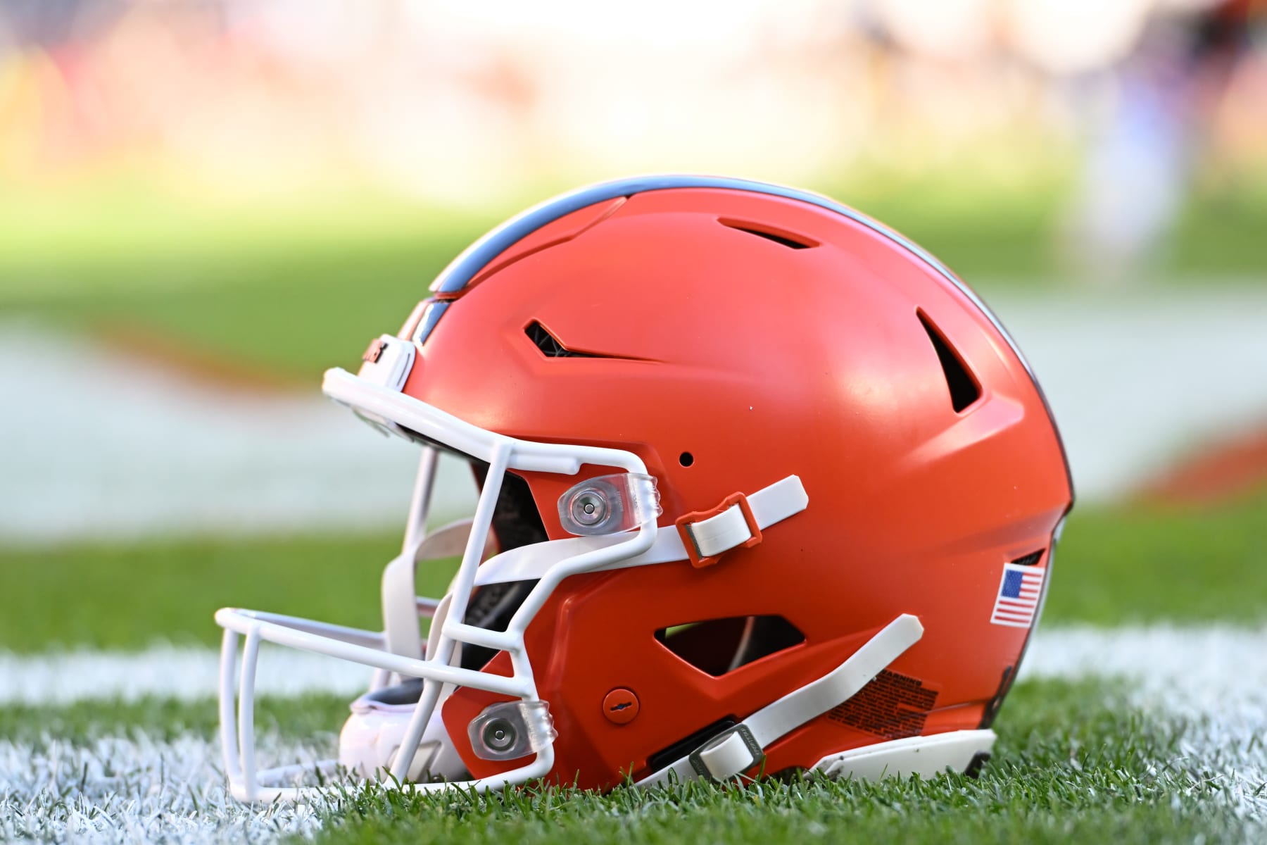 CLEVELAND, OHIO - NOVEMBER 19: A closeup view of a Cleveland Browns helmet prior to a game against the Pittsburgh Steelers at Cleveland Browns Stadium on November 19, 2023 in Cleveland, Ohio. (Photo by Nick Cammett/Diamond Images via Getty Images)