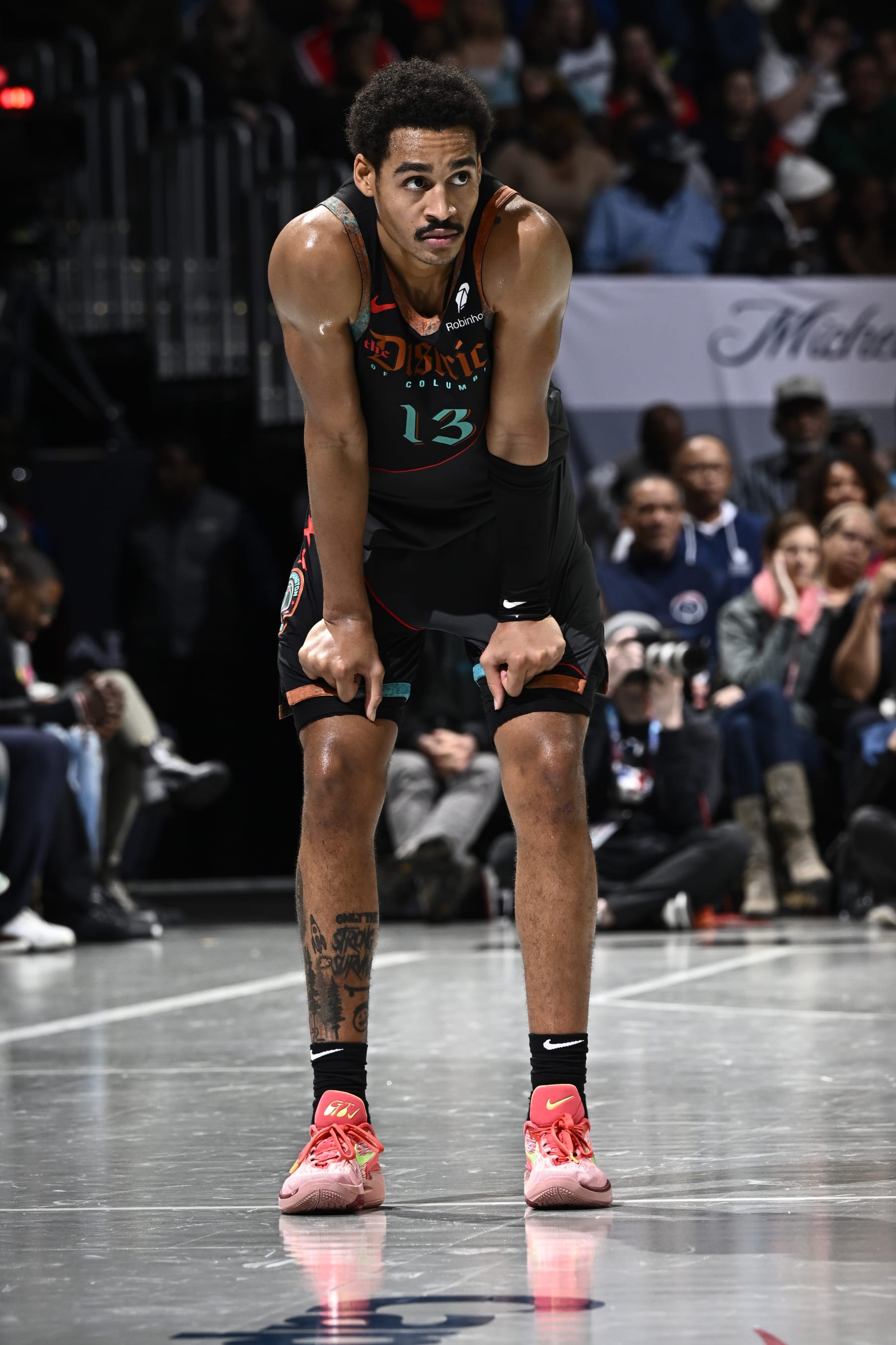 WASHINGTON, DC -  NOVEMBER 17: Jordan Poole #13 of the Washington Wizards looks on during the game against the New York Knicks during the In-Season Tournament on November 17, 2023 at Capital One Arena in Washington, DC. NOTE TO USER: User expressly acknowledges and agrees that, by downloading and or using this Photograph, user is consenting to the terms and conditions of the Getty Images License Agreement. Mandatory Copyright Notice: Copyright 2023 NBAE (Photo by David Dow/NBAE via Getty Images)