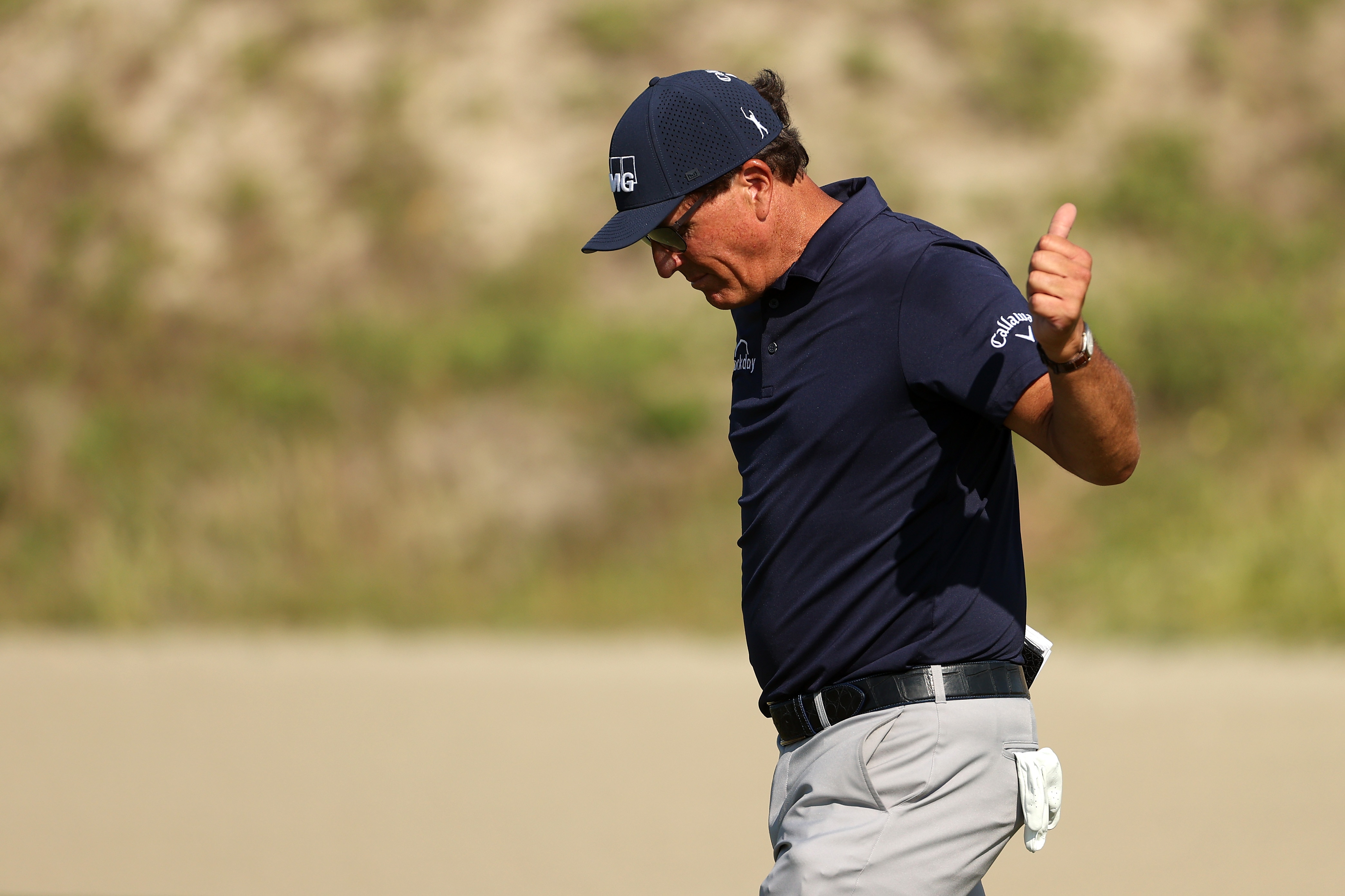 KIAWAH ISLAND, SOUTH CAROLINA - MAY 23: Phil Mickelson of the United States gives a thumbs up during the final round of the 2021 PGA Championship held at the Ocean Course of Kiawah Island Golf Resort on May 23, 2021 in Kiawah Island, South Carolina. (Photo by Patrick Smith/Getty Images)
