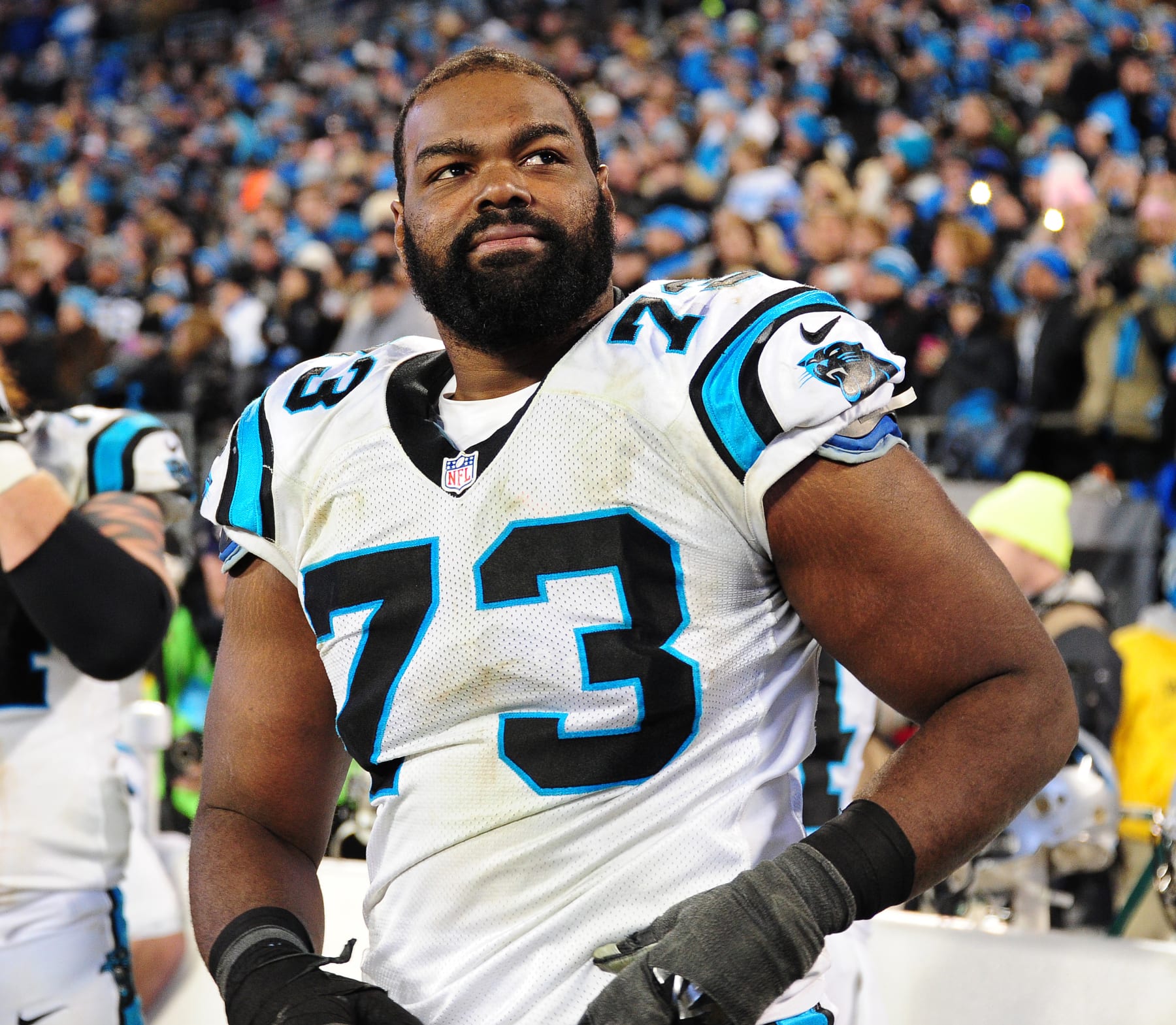 CHARLOTTE, NC - JANUARY 24: Michael Oher #73 of the Carolina Panthers watches play against the Arizona Cardinals during the NFC Championship Game at Bank Of America Stadium on January 24, 2016 in Charlotte, North Carolina. (Photo by Scott Cunningham/Getty Images)