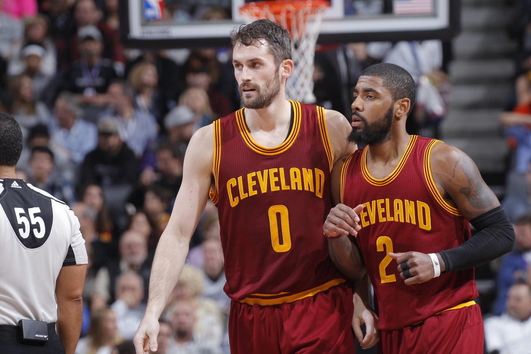 SACRAMENTO, CA - JANUARY 13: Kevin Love #0 and Kyrie Irving #2 of the Cleveland Cavaliers look on during the game against the Sacramento Kings on January 13, 2017 at Golden 1 Center in Sacramento, California. NOTE TO USER: User expressly acknowledges and agrees that, by downloading and or using this photograph, User is consenting to the terms and conditions of the Getty Images Agreement. Mandatory Copyright Notice: Copyright 2017 NBAE (Photo by Rocky Widner/NBAE via Getty Images)