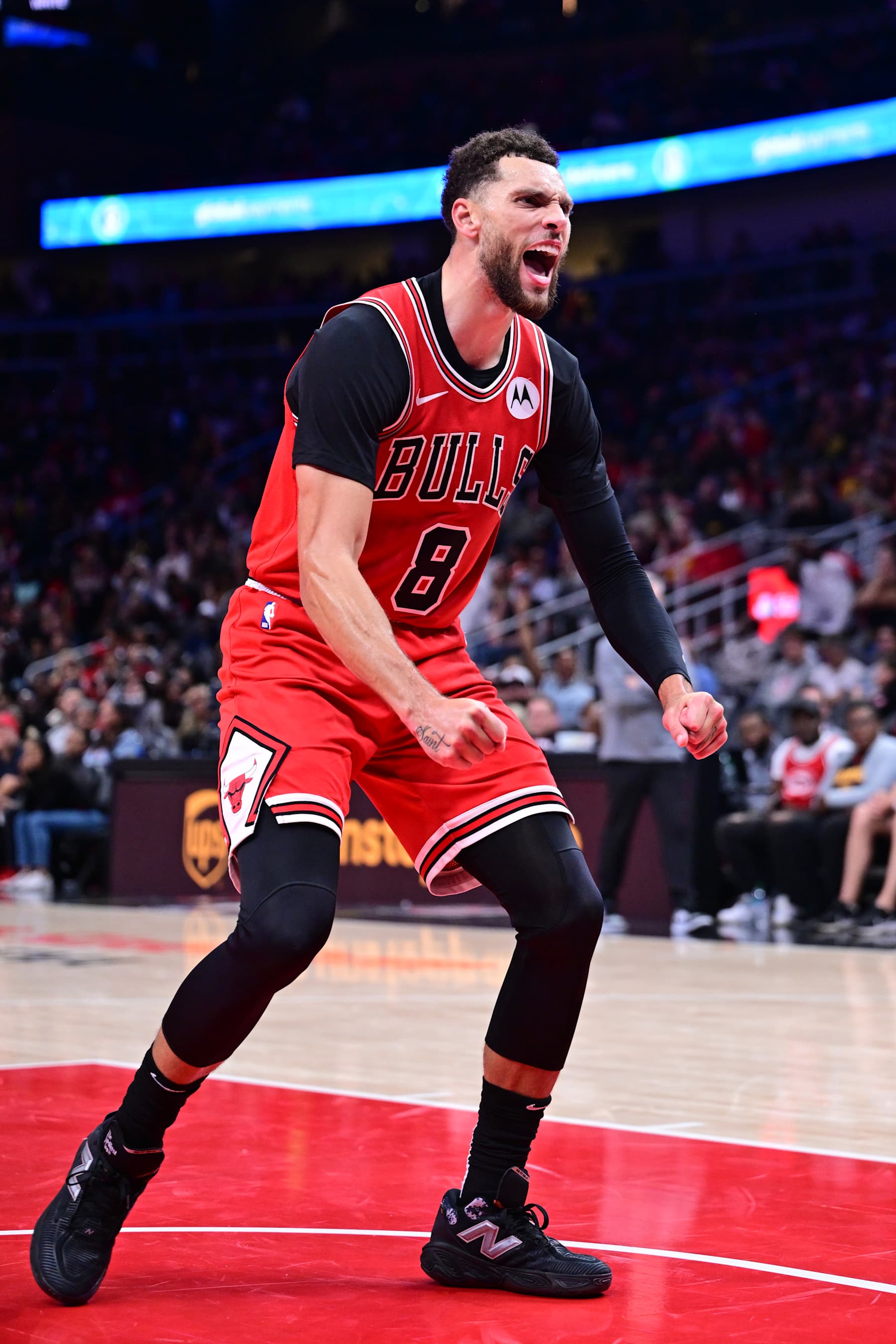 ATLANTA, GA - NOVEMBER 9: Zach LaVine #8 of the Chicago Bulls celebrates during the game against the Atlanta Hawks on November 9, 2024 at State Farm Arena in Atlanta, Georgia.  NOTE TO USER: User expressly acknowledges and agrees that, by downloading and/or using this Photograph, user is consenting to the terms and conditions of the Getty Images License Agreement. Mandatory Copyright Notice: Copyright 2024 NBAE (Photo by Adam Hagy/NBAE via Getty Images)