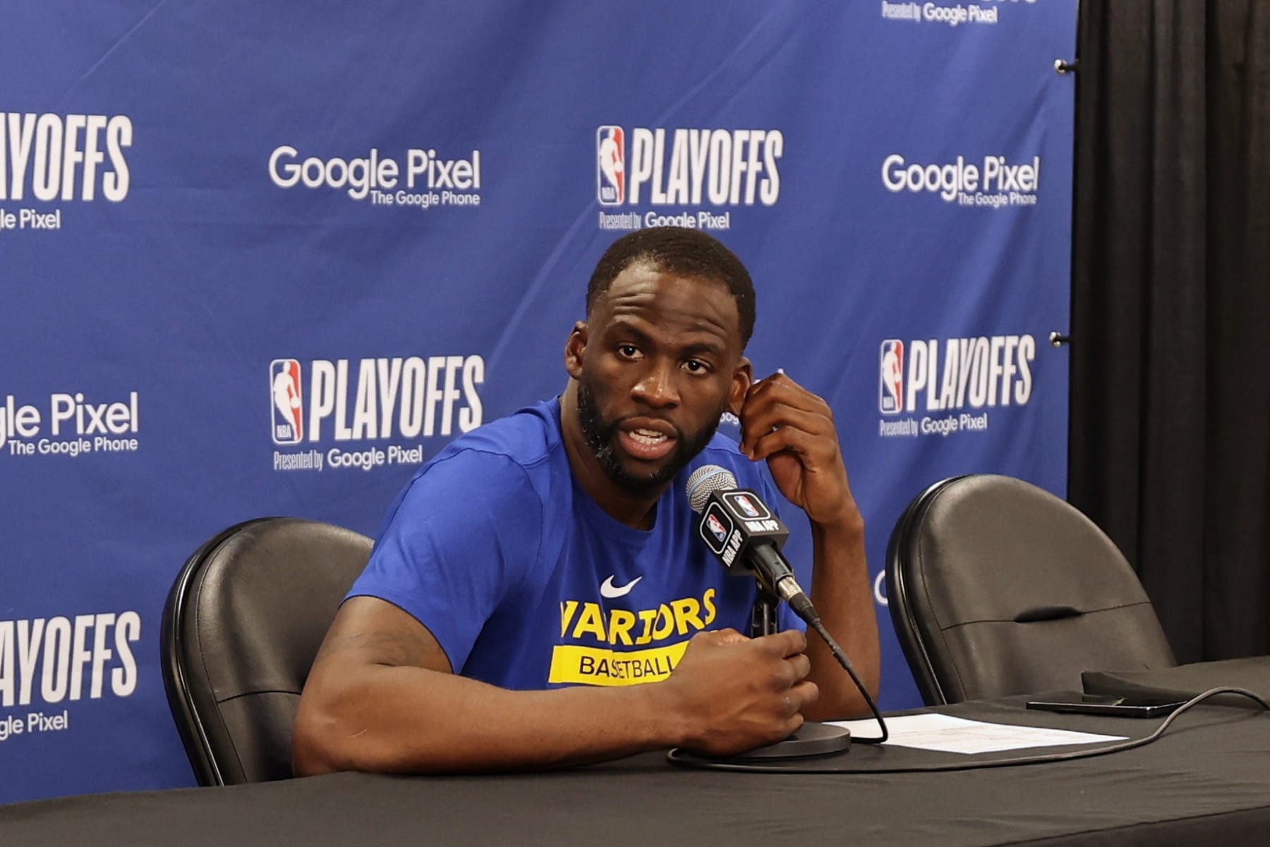 SACRAMENTO, CA - APRIL 15:  Draymond Green #23 of the Golden State Warriors talks to the media after the game against the Sacramento Kings during Round One Game One of the 2023 NBA Playoffs on April 15, 2023 at Golden 1 Center in Sacramento, California. NOTE TO USER: User expressly acknowledges and agrees that, by downloading and/or using this photograph, user is consenting to the terms and conditions of the Getty Images License Agreement.  Mandatory Copyright Notice: Copyright 2023 NBAE (Photo by Jim Poorten/NBAE via Getty Images)