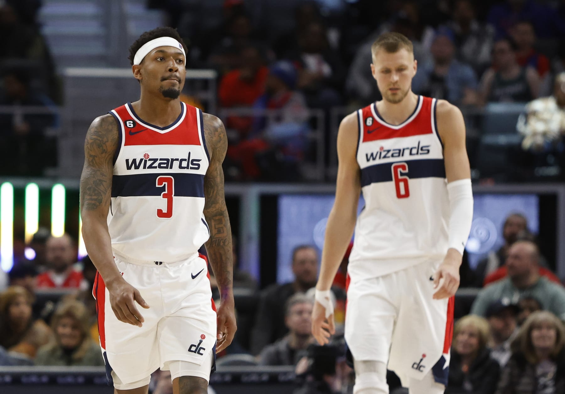 DETROIT, MI -  MARCH 7:  Bradley Beal #3 and Kristaps Porzingis #6 of the Washington Wizards during the second half of a game against the Detroit Pistons at Little Caesars Arena on March 7, 2023, in Detroit, Michigan.  NOTE TO USER: User expressly acknowledges and agrees that, by downloading and or using this photograph, User is consenting to the terms and conditions of the Getty Images License Agreement. (Photo by Duane Burleson/Getty Images)