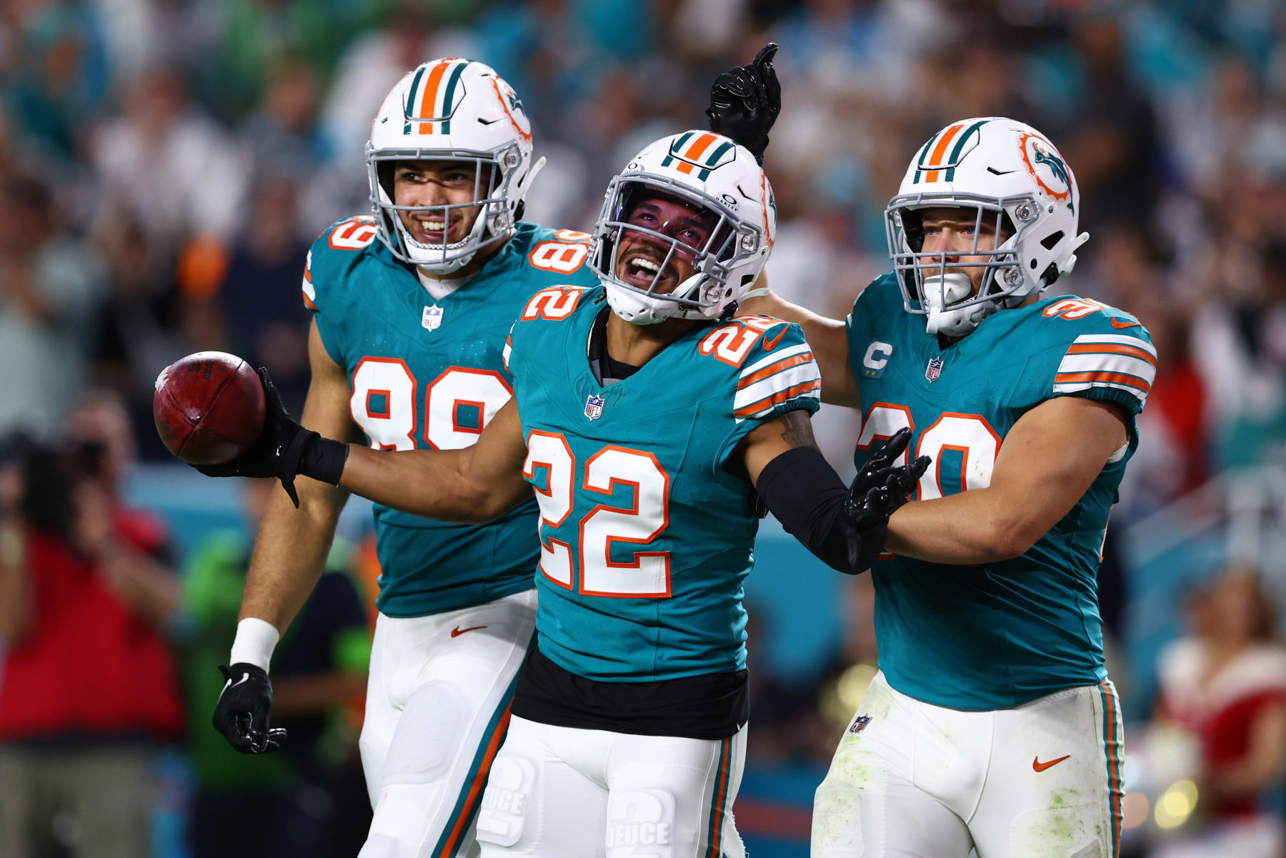 MIAMI GARDENS, FLORIDA - DECEMBER 24: Elijah Campbell #22 of the Miami Dolphins reacts during the third quarter in the game against the Dallas Cowboys at Hard Rock Stadium on December 24, 2023 in Miami Gardens, Florida. (Photo by Megan Briggs/Getty Images)