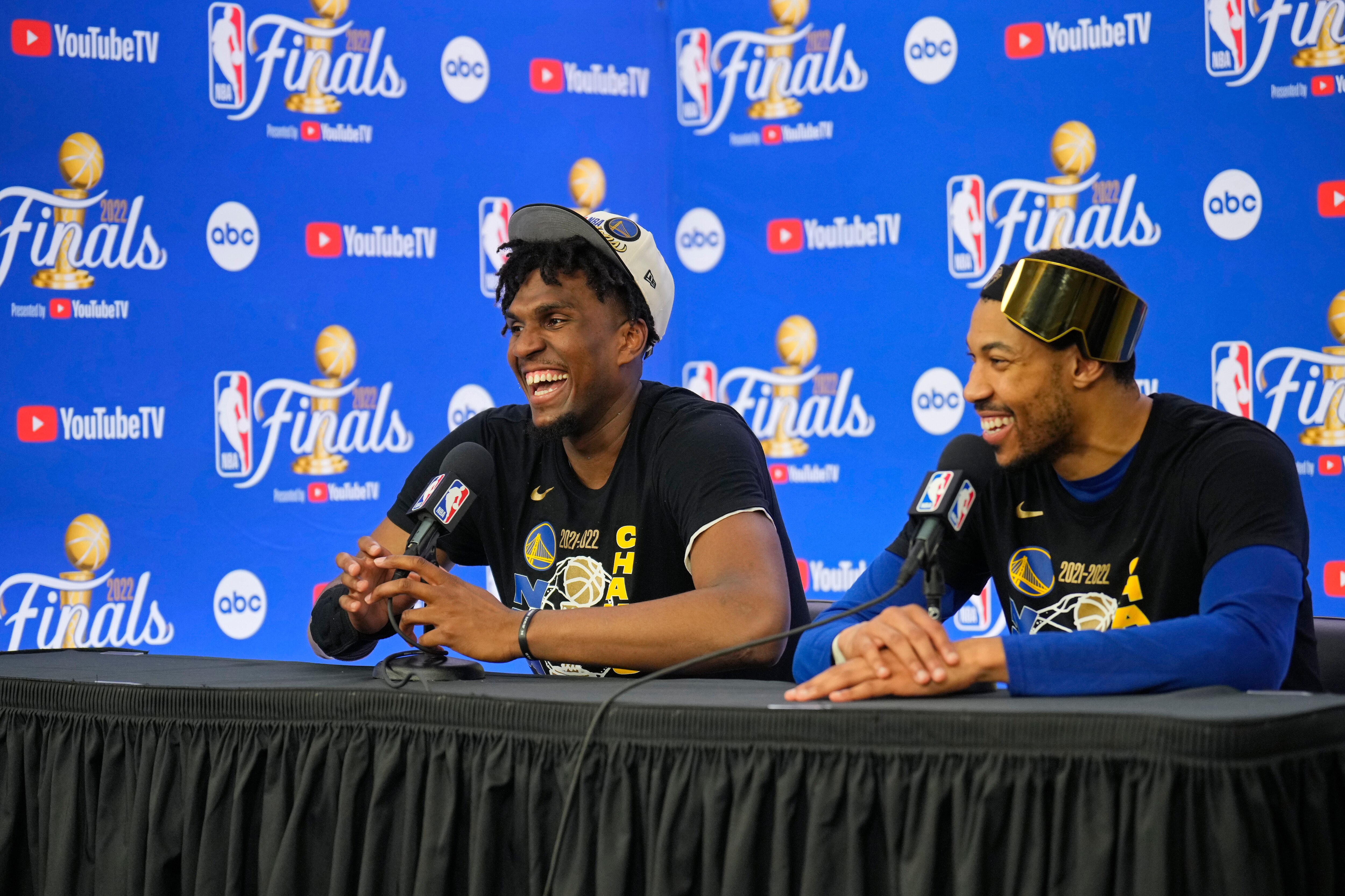 BOSTON, MA - JUNE 16: Kevon Looney #5 and Otto Porter Jr. #32 of the Golden State Warriors speaks to the media during a press conference after winning Game Six of the 2022 NBA Finals against the Boston Celtics on June 16, 2022 at TD Garden in Boston, Massachusetts. NOTE TO USER: User expressly acknowledges and agrees that, by downloading and or using this photograph, user is consenting to the terms and conditions of Getty Images License Agreement. Mandatory Copyright Notice: Copyright 2022 NBAE (Photo by Mark Blinch/NBAE via Getty Images)