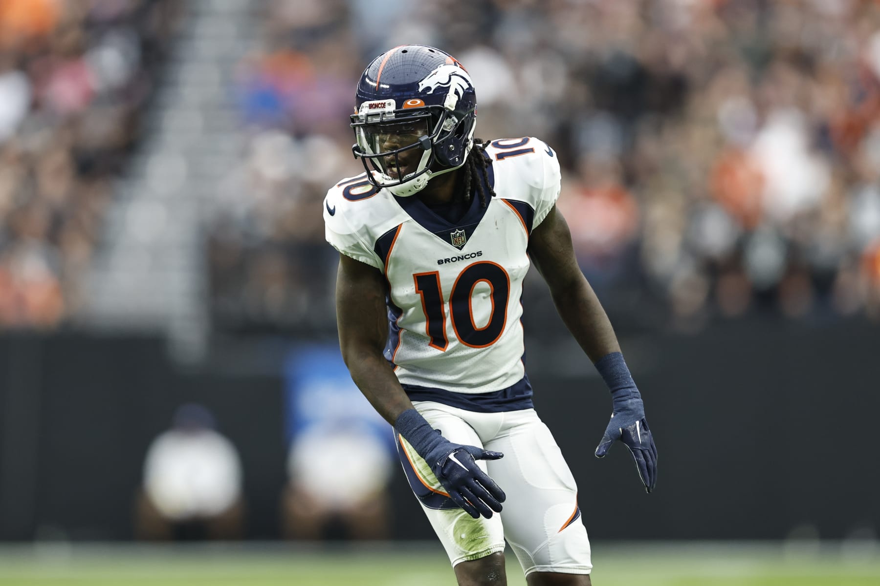 LAS VEGAS, NEVADA - OCTOBER 02: Jerry Jeudy #10 of the Denver Broncos looks on during an NFL football game between the Las Vegas Raiders and the Denver Broncos at Allegiant Stadium on October 02, 2022 in Las Vegas, Nevada. (Photo by Michael Owens/Getty Images)