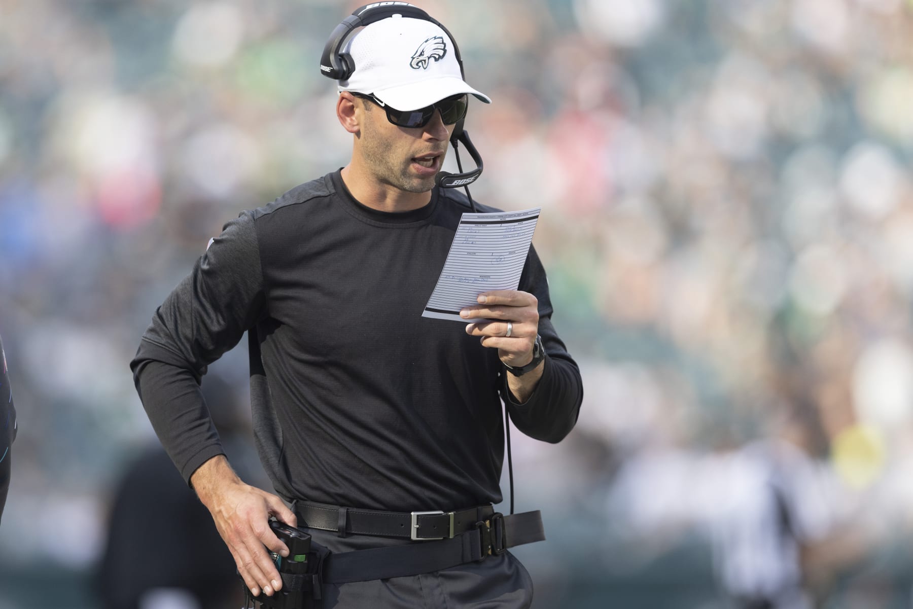 PHILADELPHIA, PA - OCTOBER 03: Defensive coordinator Jonathan Gannon of the Philadelphia Eagles calls a play against the Kansas City Chiefs at Lincoln Financial Field on October 3, 2021 in Philadelphia, Pennsylvania. (Photo by Mitchell Leff/Getty Images)