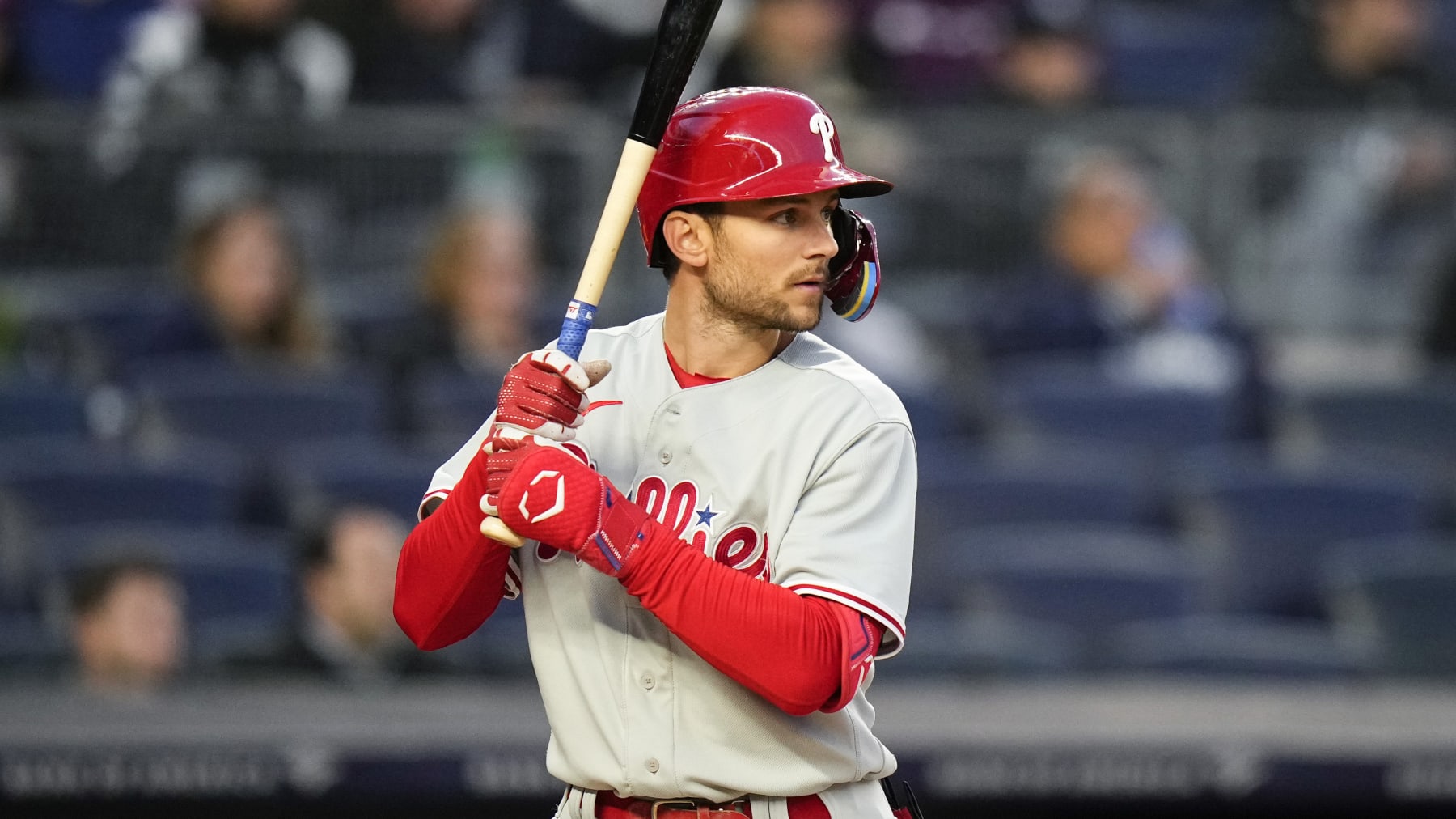 Philadelphia Phillies' Trea Turner during the first inning of an baseball game against the New York Yankees Monday, April 3, 2023, in New York. (AP Photo/Frank Franklin II)