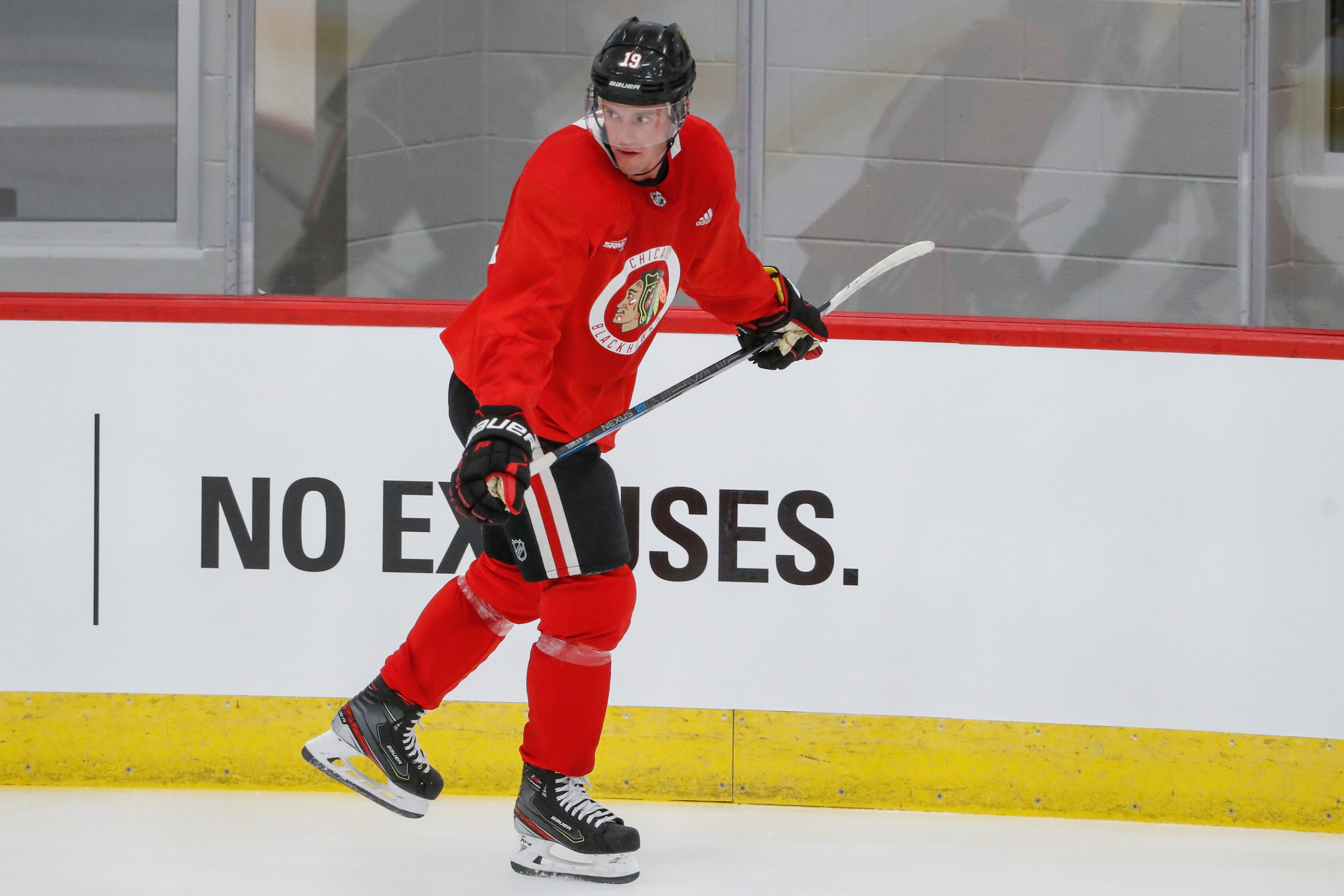 Chicago Blackhawks center Jonathan Toews skates during NHL hockey practice at Fifth Third Arena on Monday, July 13, 2020, in Chicago. (AP Photo/Kamil Krzaczynski)