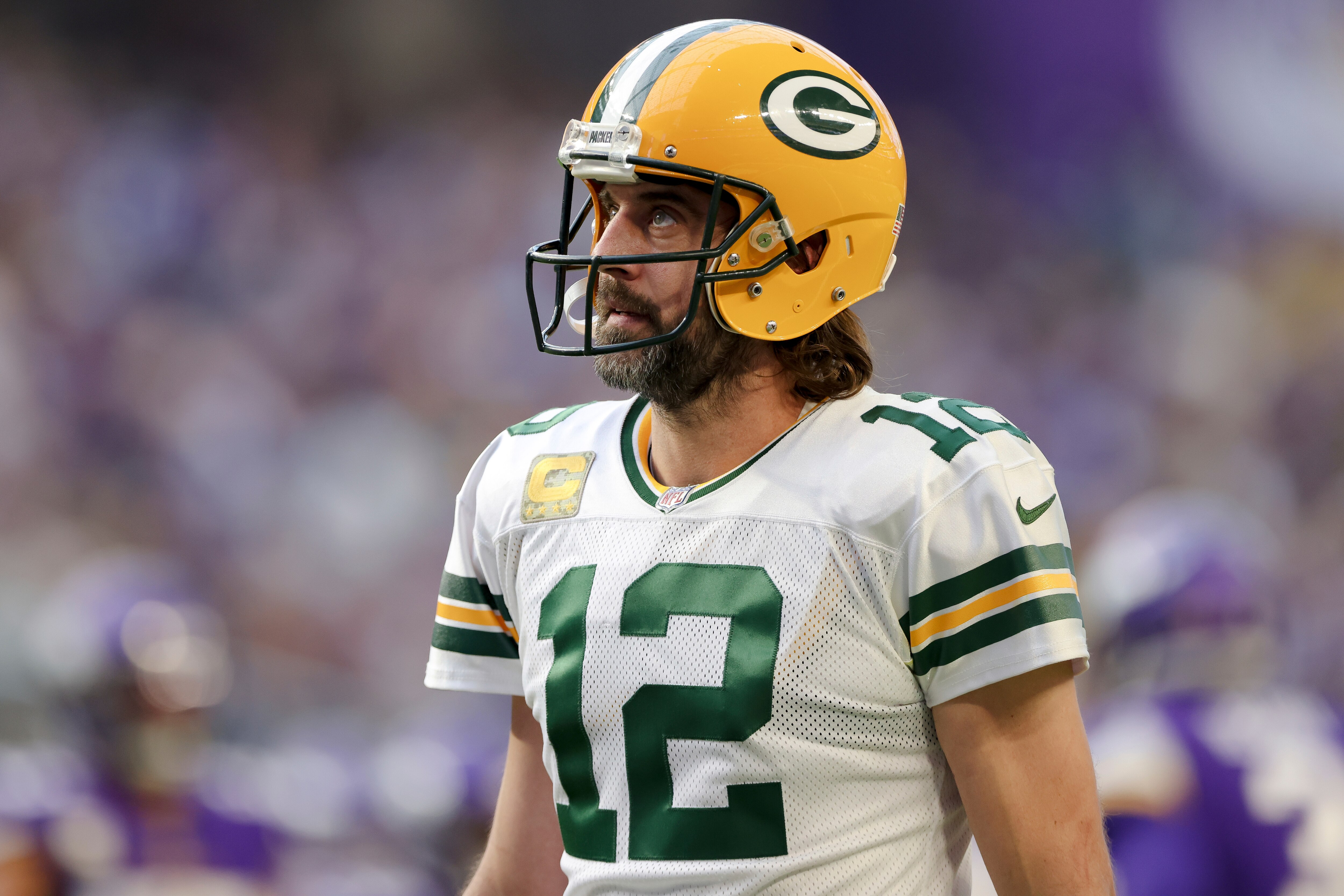 Green Bay Packers quarterback Aaron Rodgers (12) during the second half of an NFL football game against the Minnesota Vikings, Sunday, Nov. 21, 2021 in Minneapolis. Minnesota won 34-31. (AP Photo/Stacy Bengs)