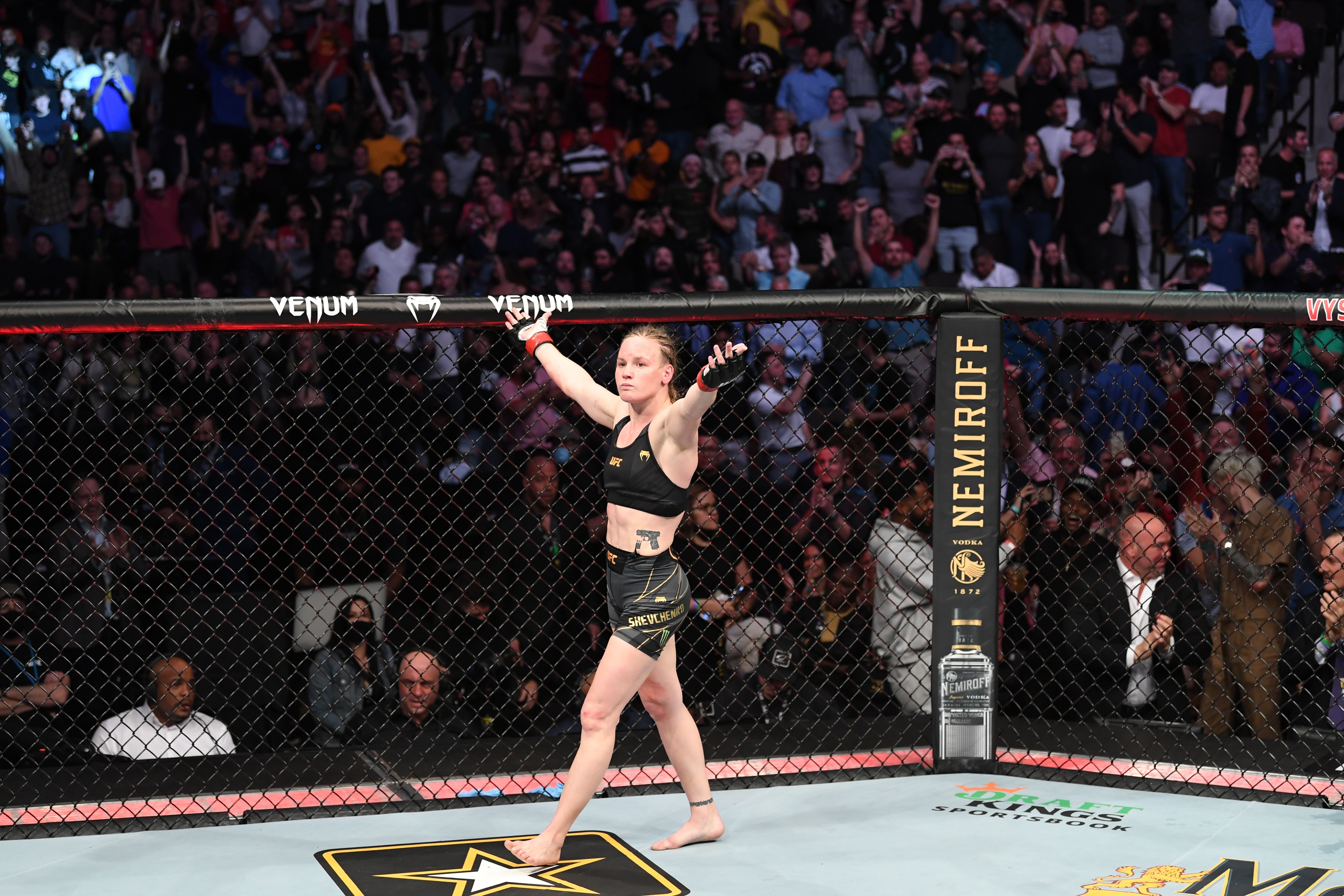 JACKSONVILLE, FLORIDA - APRIL 24: Valentina Shevchenko of Kyrgyzstan reacts after defeating Jessica Andrade of Brazil in their UFC women's flyweight championship bout during the UFC 261 event at VyStar Veterans Memorial Arena on April 24, 2021 in Jacksonville, Florida. (Photo by Josh Hedges/Zuffa LLC)