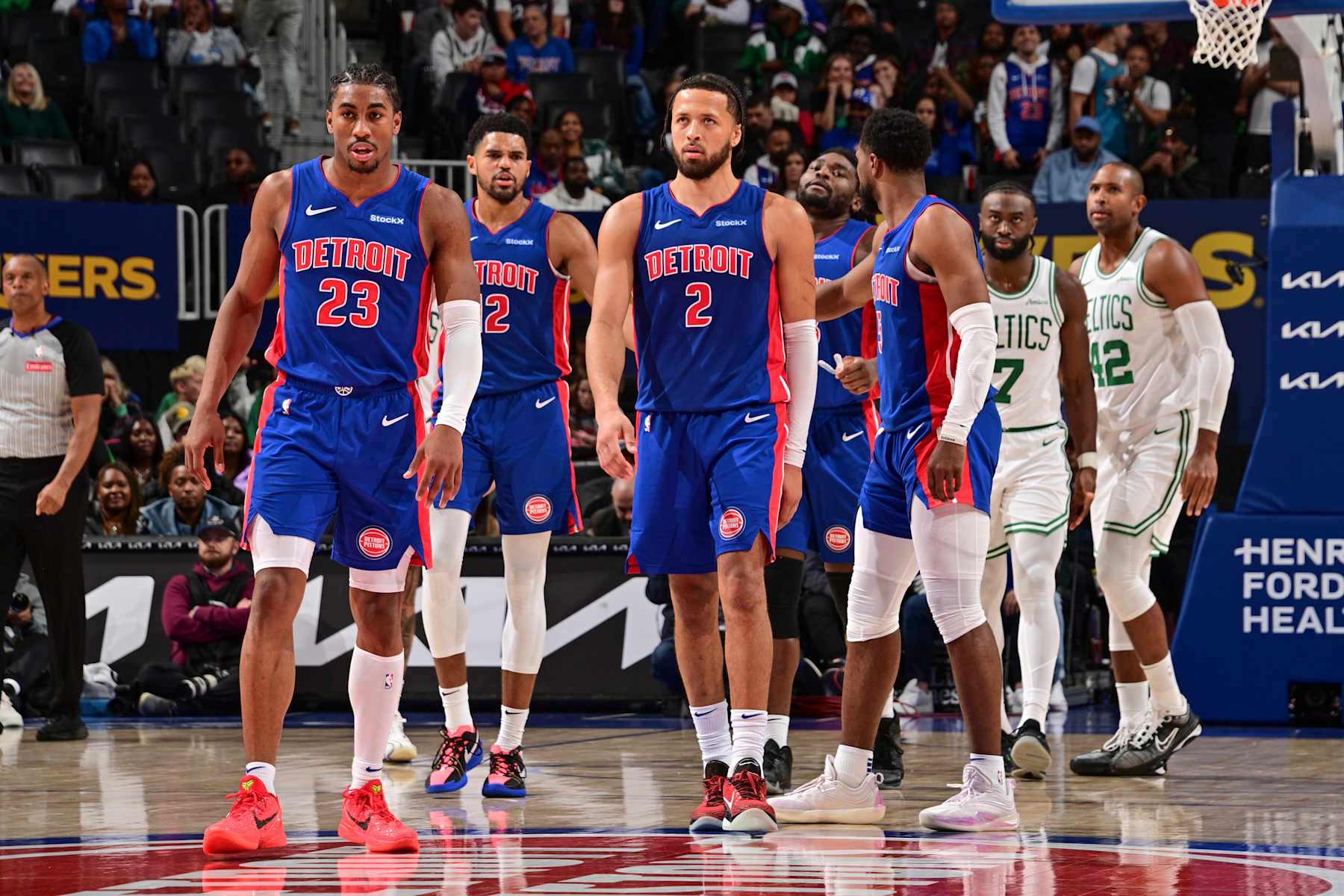 DETROIT, MI - OCTOBER 26: Cade Cunningham #2 and Jaden Ivey #23 of the Detroit Pistons look on during the game on October 26, 2024 at Little Caesars Arena in Detroit, Michigan. NOTE TO USER: User expressly acknowledges and agrees that, by downloading and/or using this photograph, User is consenting to the terms and conditions of the Getty Images License Agreement. Mandatory Copyright Notice: Copyright 2024 NBAE (Photo by Chris Schwegler/NBAE via Getty Images)