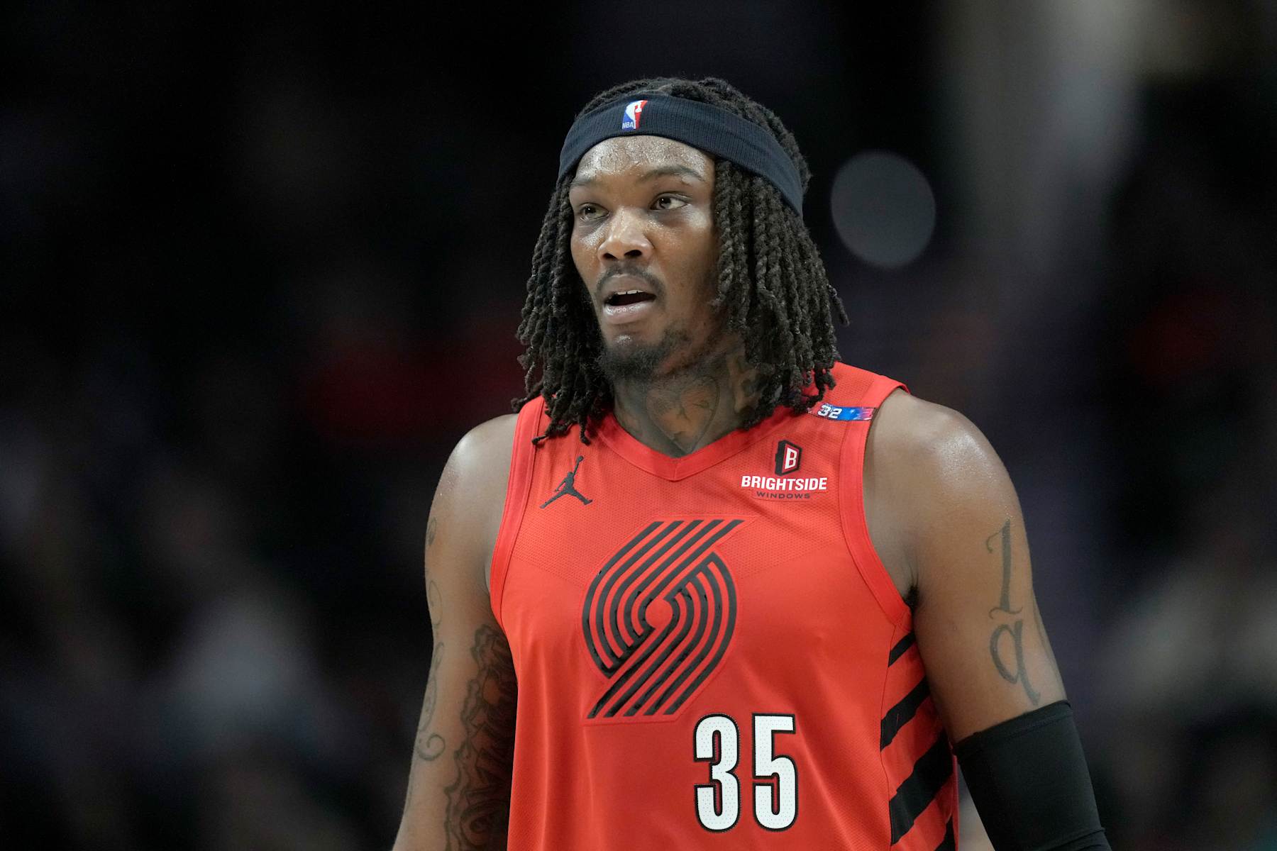 PORTLAND, OREGON - JANUARY 18: Robert Williams III #35 of the Portland Trail Blazers looks on during the first half against the Houston Rockets at Moda Center on January 18, 2025 in Portland, Oregon. NOTE TO USER: User expressly acknowledges and agrees that, by downloading and or using this photograph, User is consenting to the terms and conditions of the Getty Images License Agreement. (Photo by Soobum Im/Getty Images)