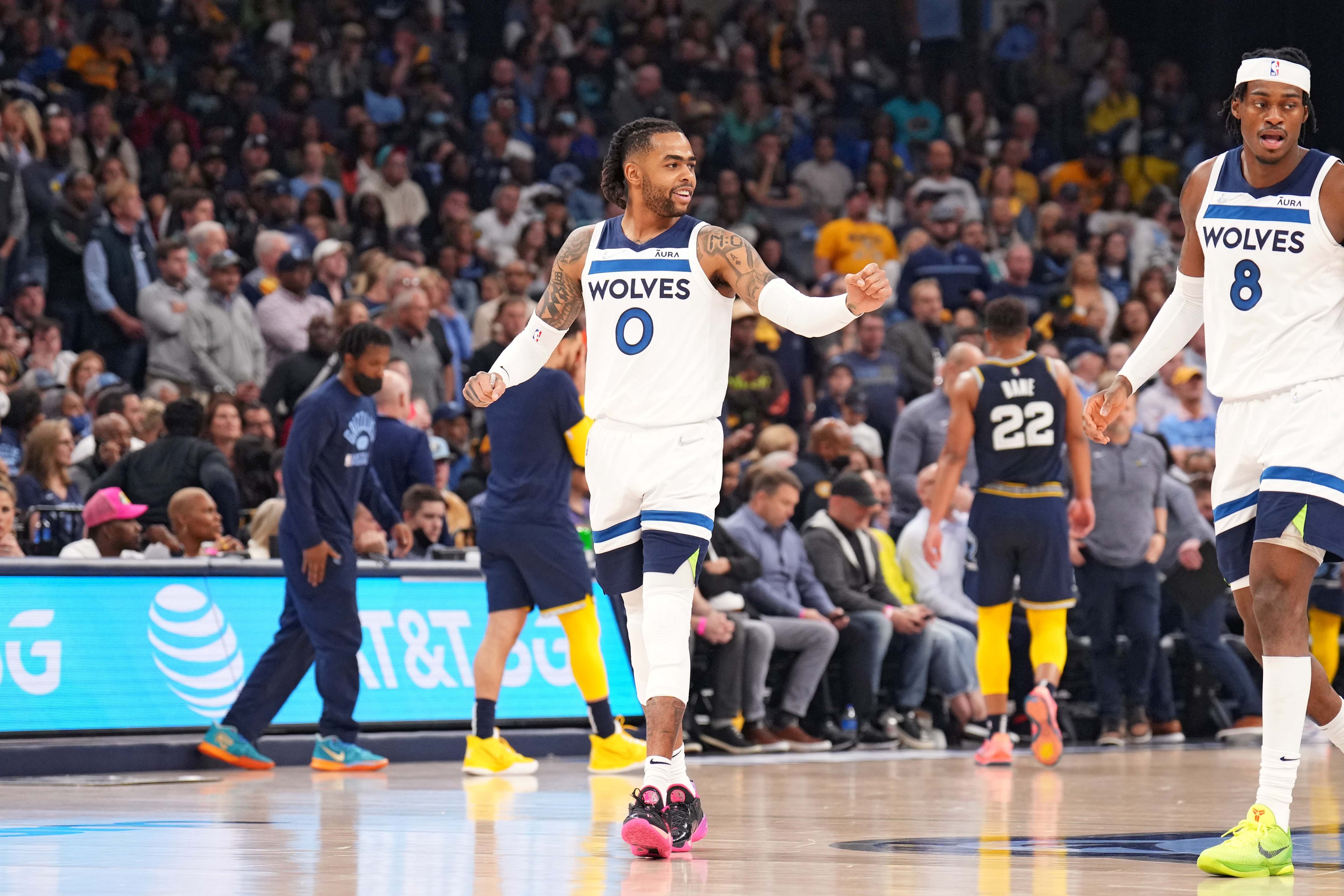 MEMPHIS, TN - APRIL 26: D'Angelo Russell #0 of the Minnesota Timberwolves smiles during a game against the Minnesota Timberwolves during Round 1 Game 5 on April 26, 2022 at FedExForum in Memphis, Tennessee. NOTE TO USER: User expressly acknowledges and agrees that, by downloading and/or using this Photograph, user is consenting to the terms and conditions of the Getty Images License Agreement. Mandatory Copyright Notice: Copyright 2022 NBAE (Photo by Jesse D. Garrabrant/NBAE via Getty Images)