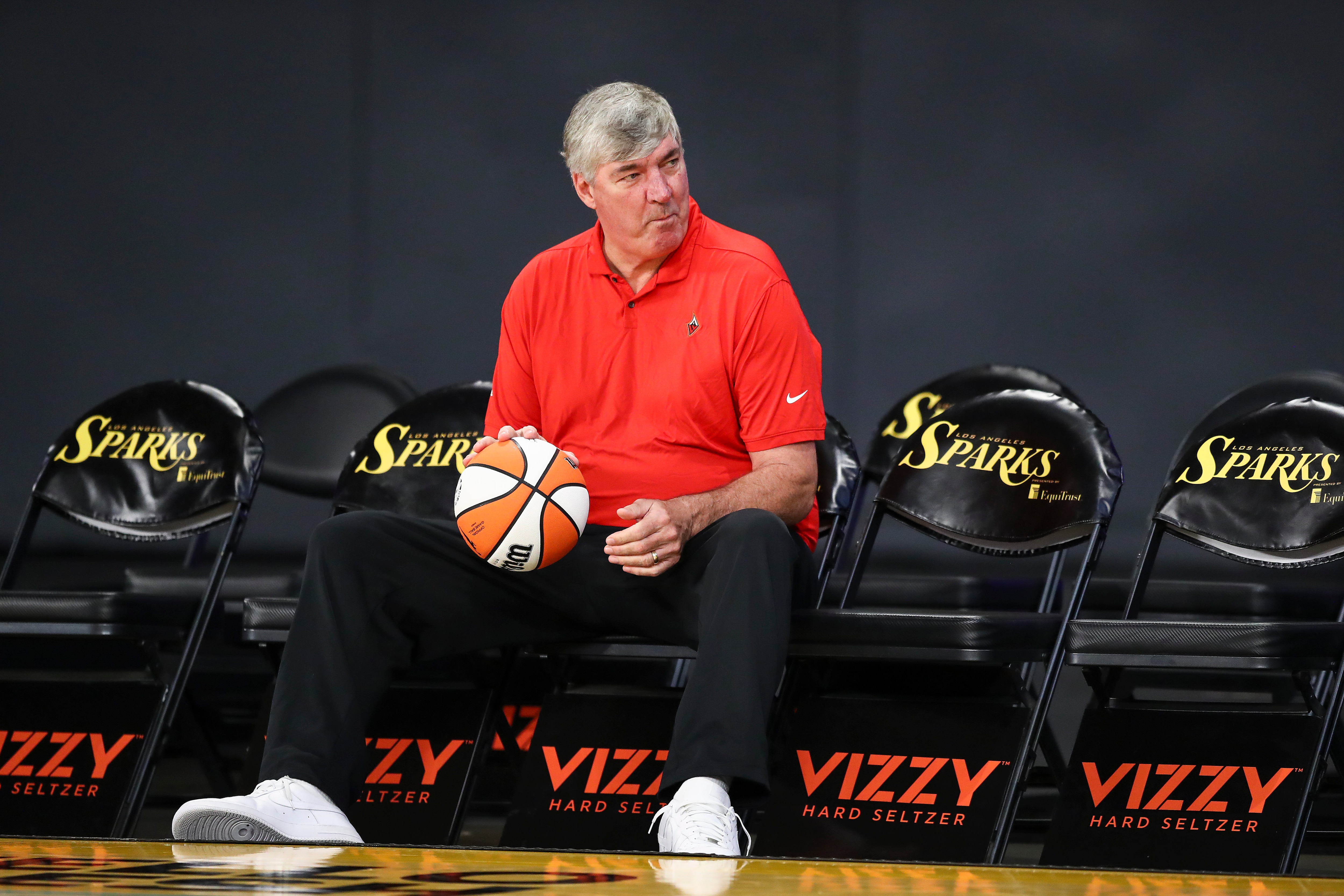 LOS ANGELES, CALIFORNIA - JULY 02: Las Vegas Aces head coach Bill Laimbeer looks on during warm ups before the game against the Los Angeles Sparks at Los Angeles Convention Center on July 02, 2021 in Los Angeles, California. NOTE TO USER: User expressly acknowledges and agrees that, by downloading and or using this photograph, User is consenting to the terms and conditions of the Getty Images License Agreement. (Photo by Meg Oliphant/Getty Images)