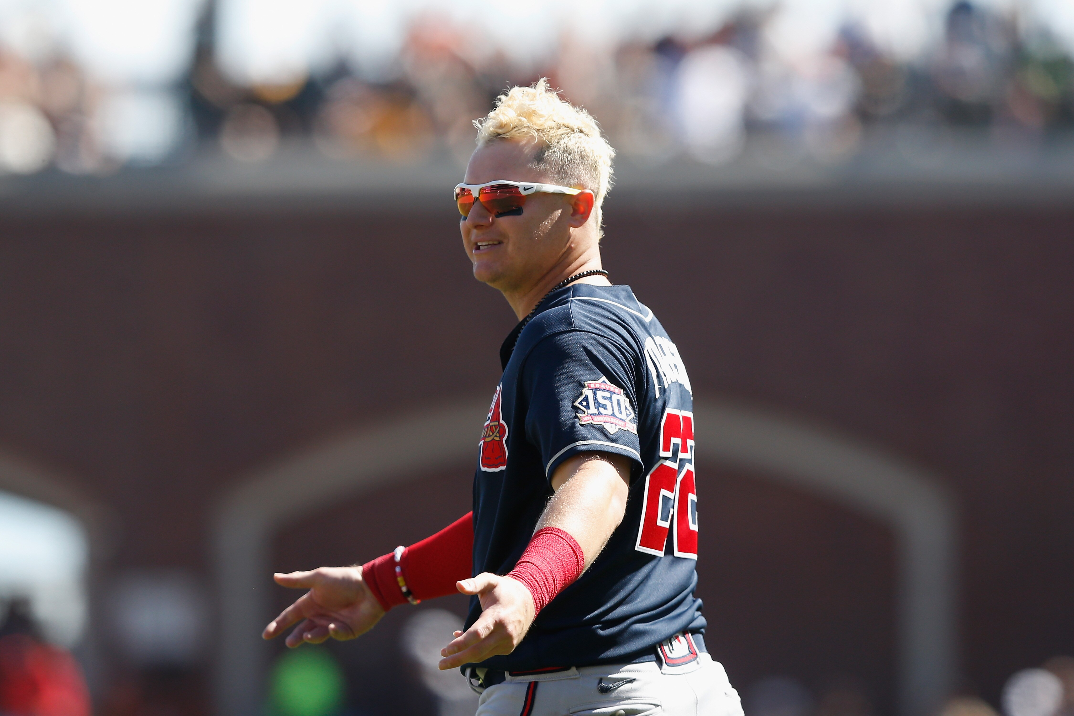 SAN FRANCISCO, CALIFORNIA - SEPTEMBER 19: Joc Pederson #22 of the Atlanta Braves looks on during the game against the San Francisco Giants at Oracle Park on September 19, 2021 in San Francisco, California. (Photo by Lachlan Cunningham/Getty Images)
