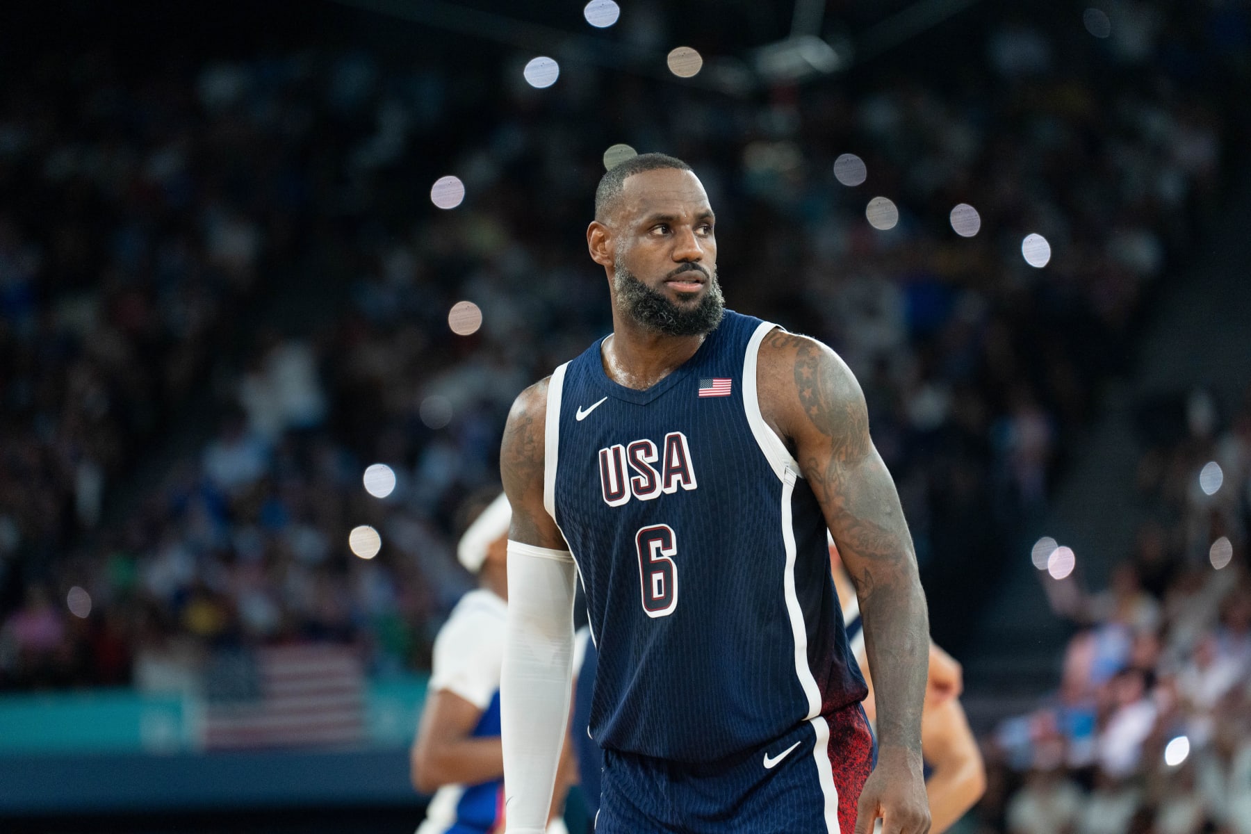 PARIS, FRANCE - AUGUST 10: Lebron James (6) of Team France in action against Kevin Durant of US during Men's Gold Medal game between Team France and Team United States on day fifteen of the Olympic Games Paris 2024 at Bercy Arena on August 10, 2024 in Paris, France. (Photo by Aytac Unal/Anadolu via Getty Images)