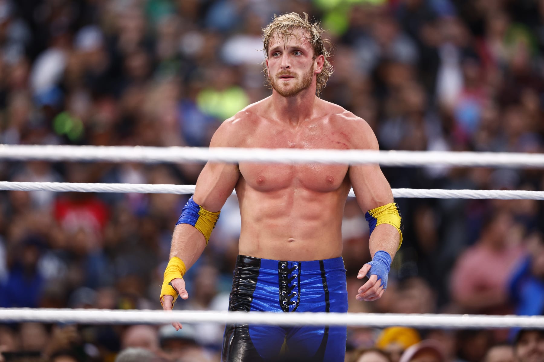 INGLEWOOD, CALIFORNIA - APRIL 01:  Logan Paul during WrestleMania Goes Hollywood at SoFi Stadium on April 01, 2023 in Inglewood, California. (Photo by Ronald Martinez/Getty Images)