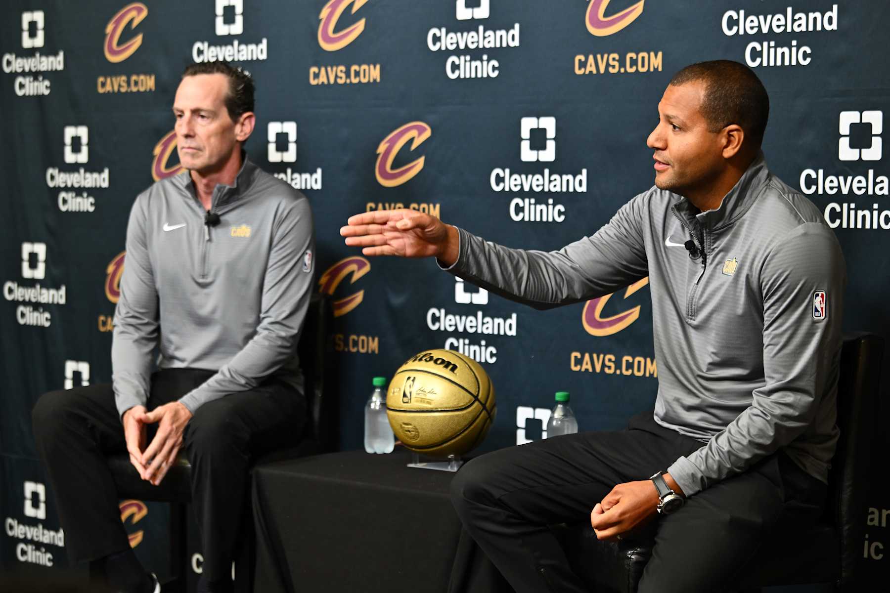 INDEPENDENCE, OHIO - JULY 01: New head coach Kenny Atkinson and president of basketball operations Koby Altman of the Cleveland Cavaliers talk to the media during a press conference at Cleveland Clinic Courts on July 01, 2024, in Independence, Ohio. NOTE TO USER: User expressly acknowledges and agrees that, by downloading and or using this photograph, User is consenting to the terms and conditions of the Getty Images License Agreement. (Photo by Jason Miller/Getty Images)
