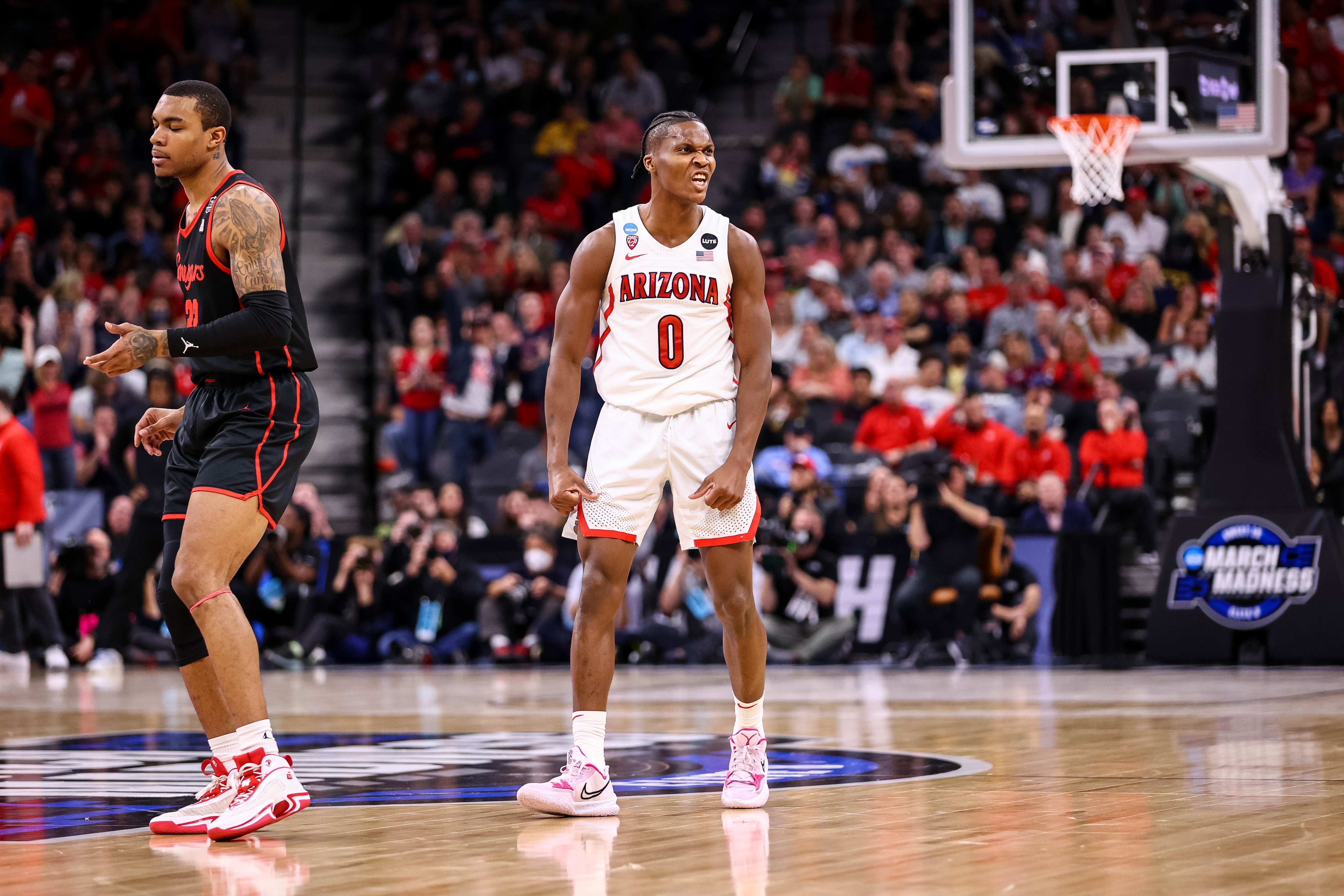 SAN ANTONIO, TX - MARCH 24: Bennedict Mathurin #0 of the Arizona Wildcats reacts during the Sweet 16 round of the 2022 NCAA Men's Basketball Tournament held at AT&T Center on March 24, 2022 in San Antonio, Texas. (Photo by C. Morgan Engel/NCAA Photos via Getty Images)