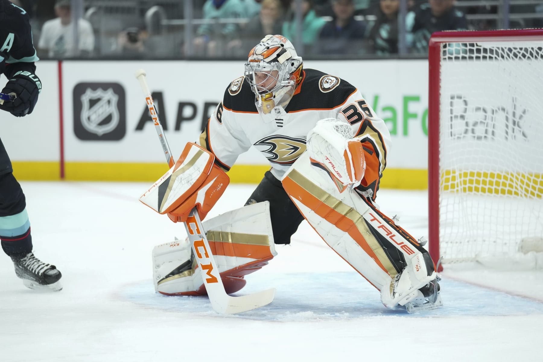 SEATTLE, WA - MARCH 07: Anaheim Ducks goaltender John Gibson (36) anticipates a Kraken shot on goal during an NHL matchup between the Seattle Kraken and the Anaheim Ducks on March 7, 2023 at Climate Pledge Arena in Seattle, WA. (Photo by Jeff Halstead/Icon Sportswire via Getty Images)