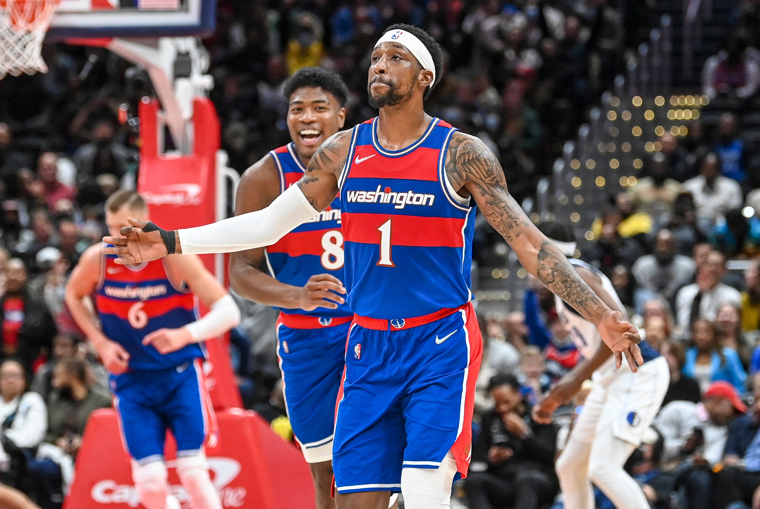 WASHINGTON, DC - APRIL 1:  Washington Wizards guard Kentavious Caldwell-Pope (1) celebrates a three pointer during second half action against the Dallas Mavericks at Capital One Arena.  Photo by Jonathan Newton/The Washington Post via Getty Images)