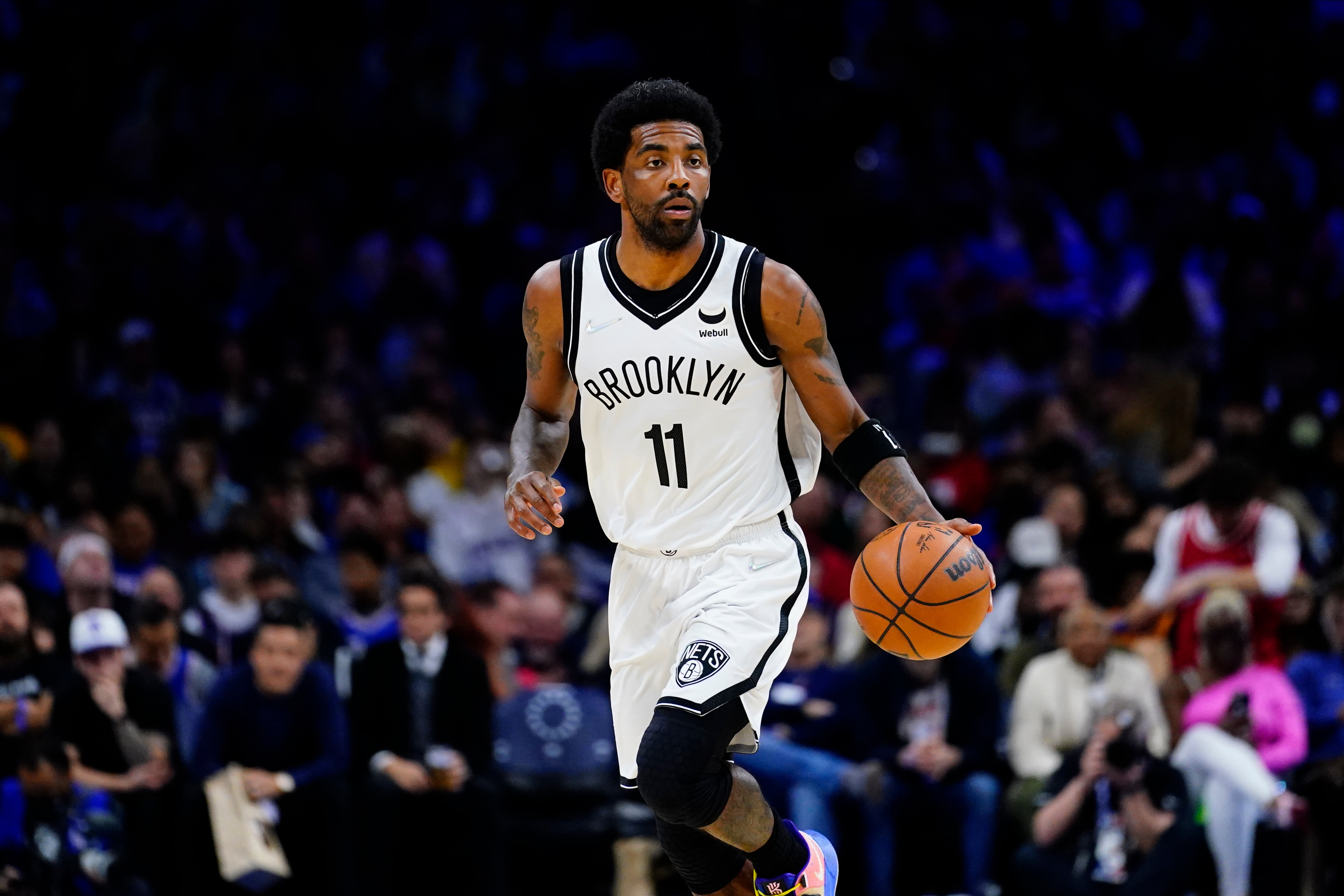 Brooklyn Nets' Kyrie Irving plays during an NBA basketball game, Thursday, March 10, 2022, in Philadelphia. (AP Photo/Matt Slocum)