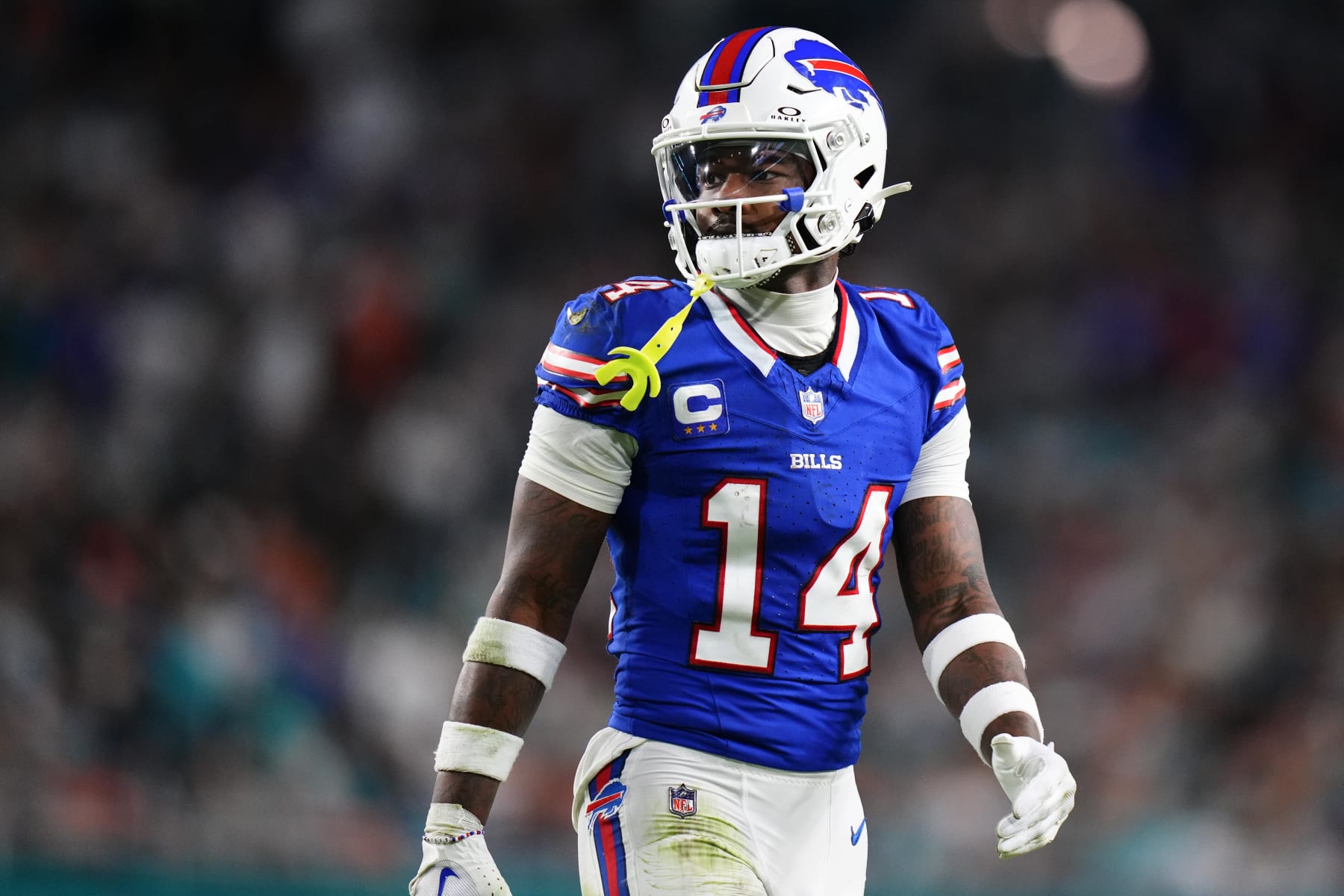 MIAMI GARDENS, FLORIDA - JANUARY 07: Stefon Diggs #14 of the Buffalo Bills looks on against the Miami Dolphins during the second half at Hard Rock Stadium on January 07, 2024 in Miami Gardens, Florida. (Photo by Rich Storry/Getty Images)