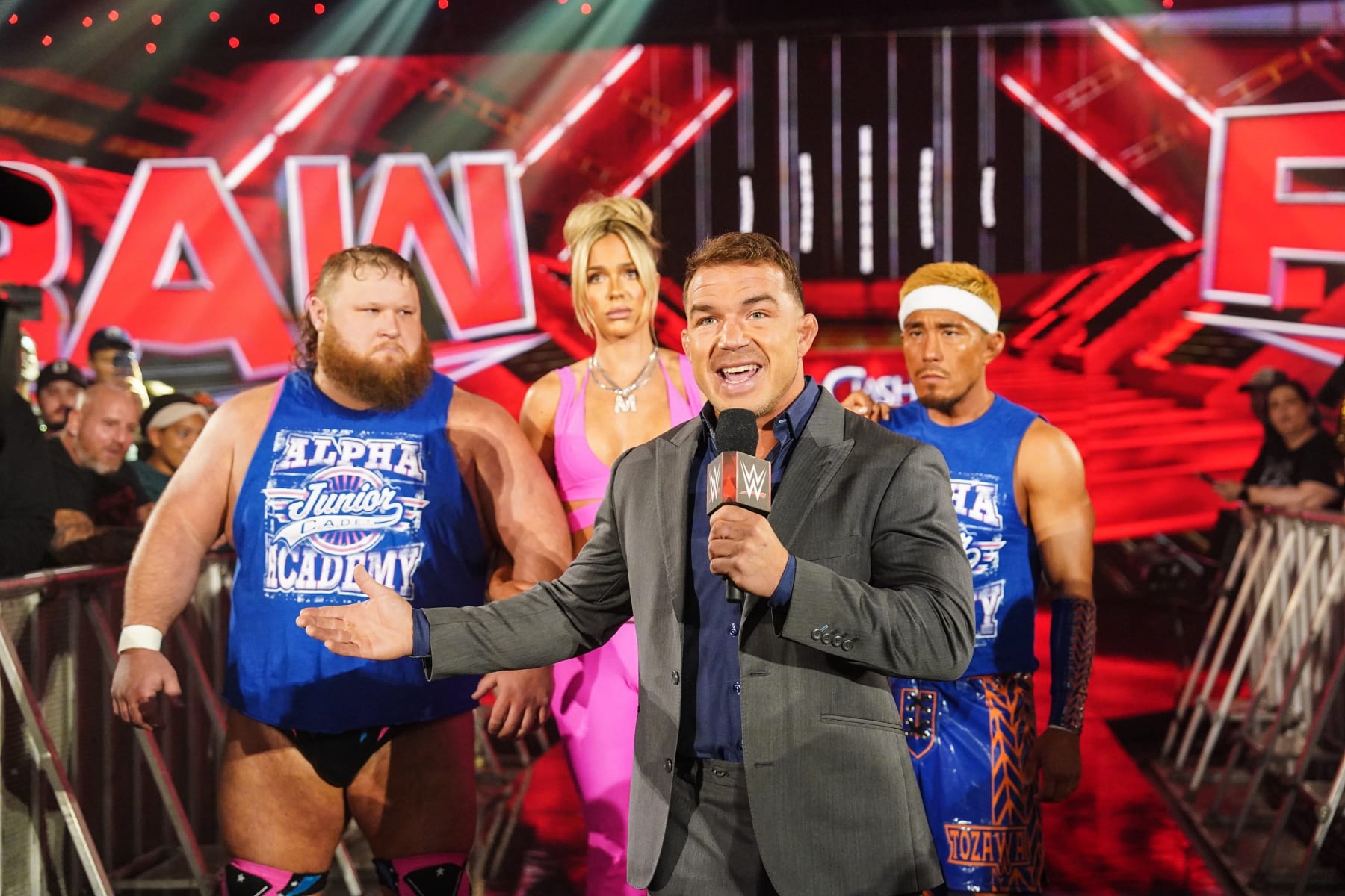 TOLEDO, OHIO - JUNE 10: Chad Gable speaks with Otis, Maxinne Dupri and Akira Tozawa during Monday Night RAW at Huntington Center on June 10, 2024 in Toledo, Ohio.  (Photo by WWE/Getty Images)