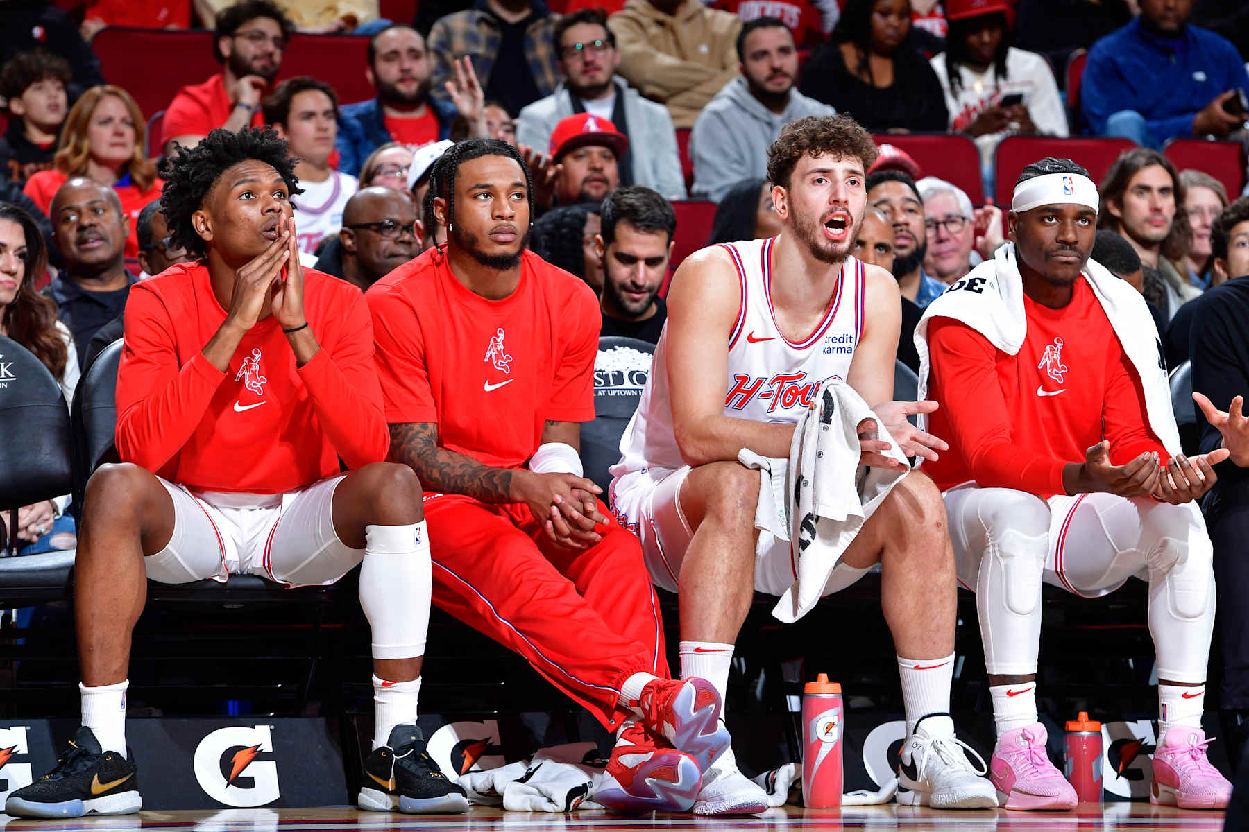 HOUSTON, TX - DECEMBER 29: Alperen Sengun #28 of the Houston Rockets looks on during the game against the Philadelphia 76ers on December 29, 2023 at the Toyota Center in Houston, Texas. NOTE TO USER: User expressly acknowledges and agrees that, by downloading and or using this photograph, User is consenting to the terms and conditions of the Getty Images License Agreement. Mandatory Copyright Notice: Copyright 2023 NBAE (Photo by Logan Riely/NBAE via Getty Images)