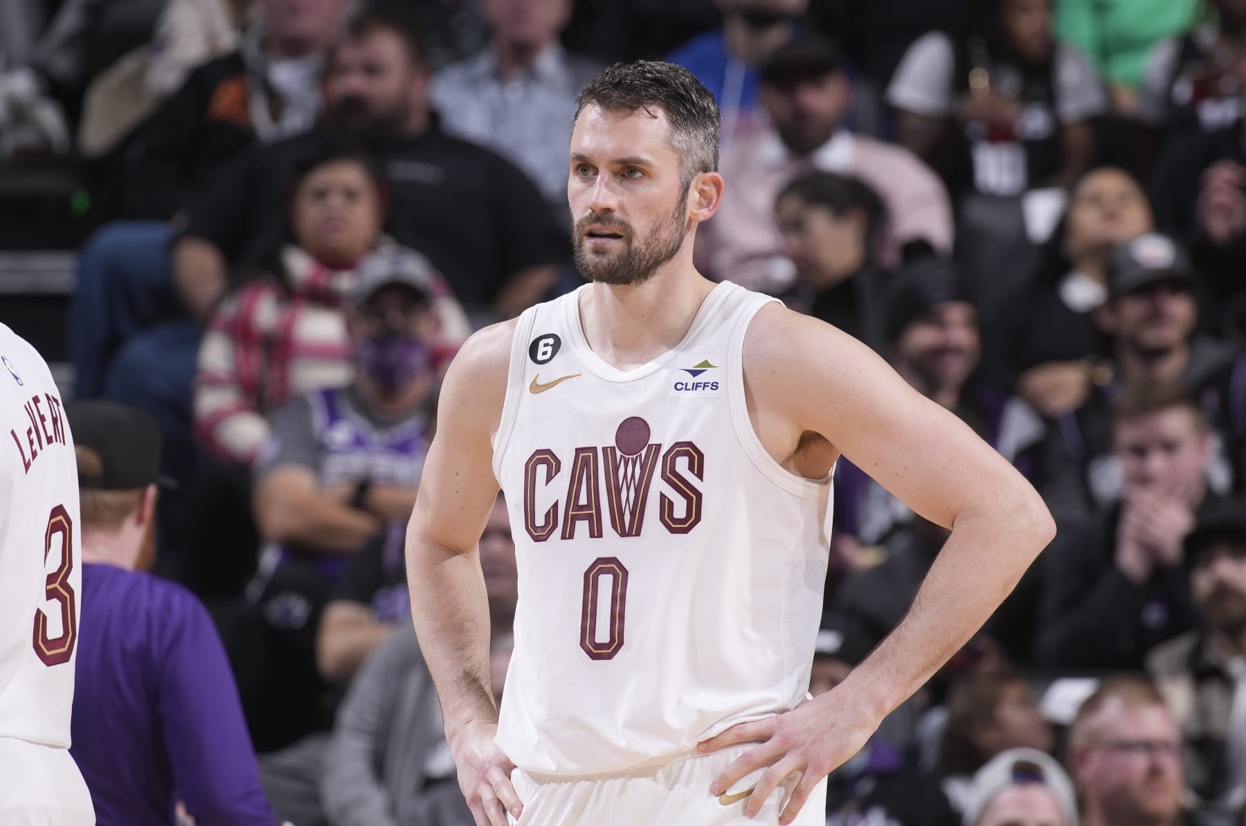 SACRAMENTO, CA - NOVEMBER 9: Kevin Love #0 of the Cleveland Cavaliers looks on during the game against the Sacramento Kings on November 9, 2022 at Golden 1 Center in Sacramento, California. NOTE TO USER: User expressly acknowledges and agrees that, by downloading and or using this photograph, User is consenting to the terms and conditions of the Getty Images Agreement. Mandatory Copyright Notice: Copyright 2022 NBAE (Photo by Rocky Widner/NBAE via Getty Images)