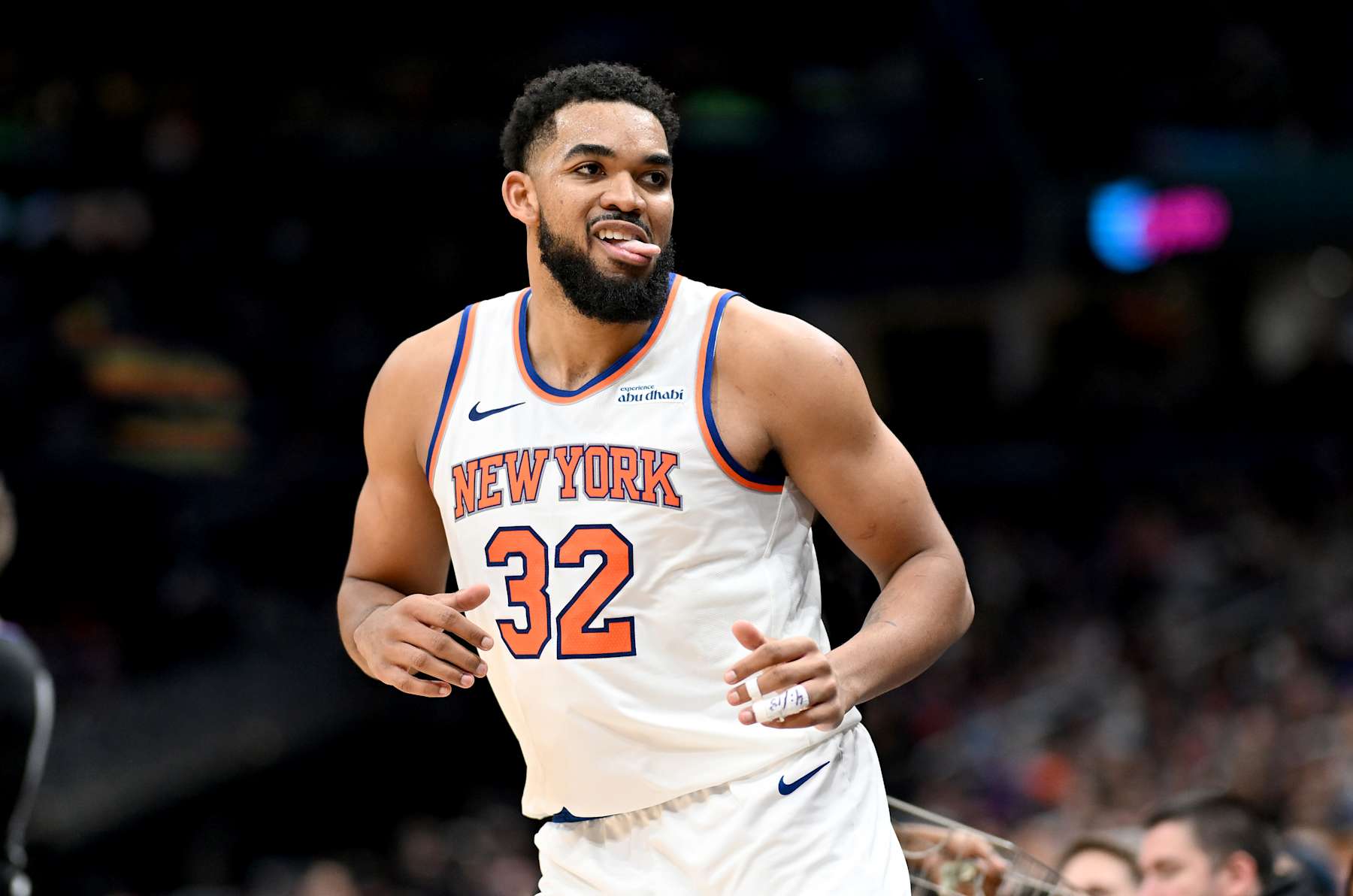 WASHINGTON, DC - DECEMBER 28: Karl-Anthony Towns #32 of the New York Knicks celebrates after scoring in the fourth quarter against the Washington Wizards at Capital One Arena on December 28, 2024 in Washington, DC. NOTE TO USER: User expressly acknowledges and agrees that, by downloading and or using this photograph, User is consenting to the terms and conditions of the Getty Images License Agreement.  (Photo by G Fiume/Getty Images)