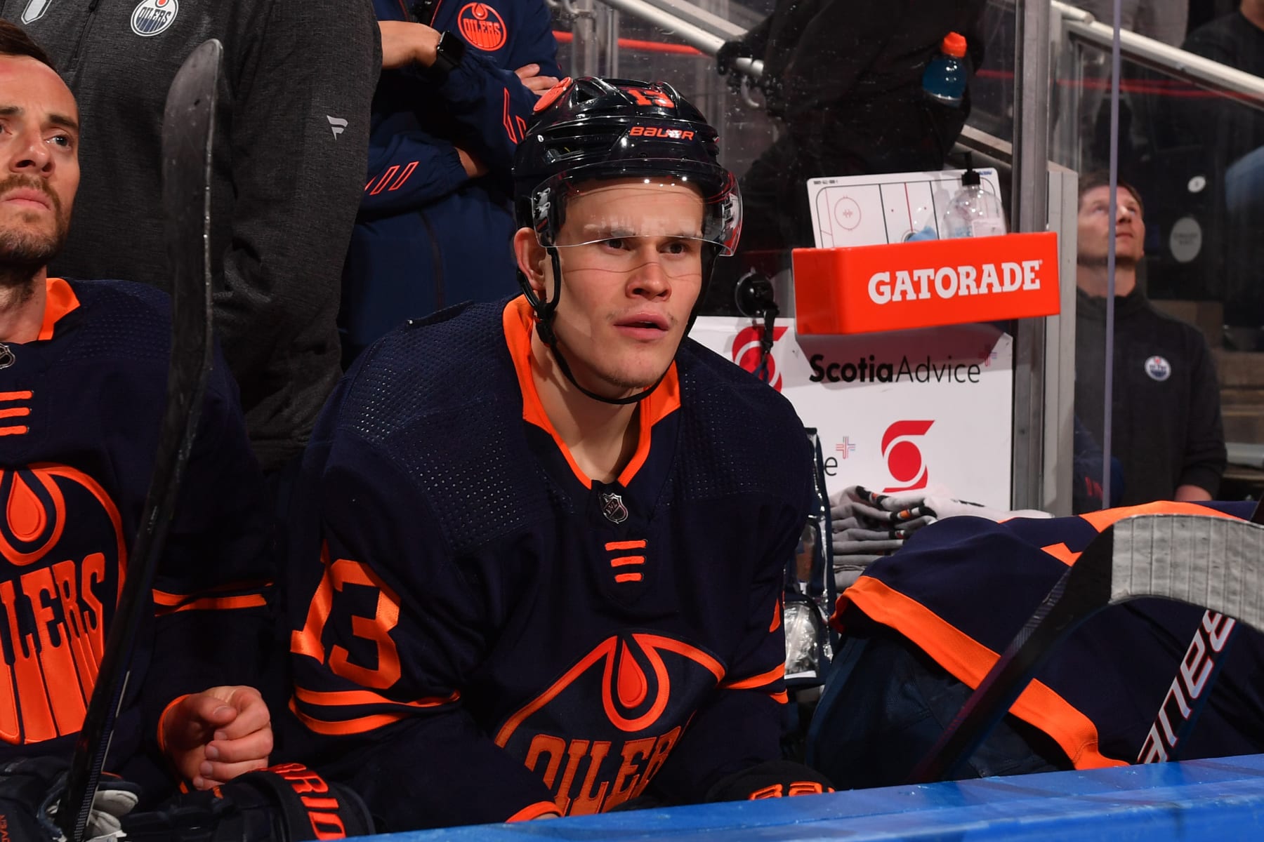 EDMONTON, AB - MAY 14: Jesse Puljujarvi #13 of the Edmonton Oilers sits on the bench prior to Game Seven of the First Round of the 2022 Stanley Cup Playoffs against the Los Angeles Kings on May 14, 2022 at Rogers Place in Edmonton, Alberta, Canada. (Photo by Andy Devlin/NHLI via Getty Images)