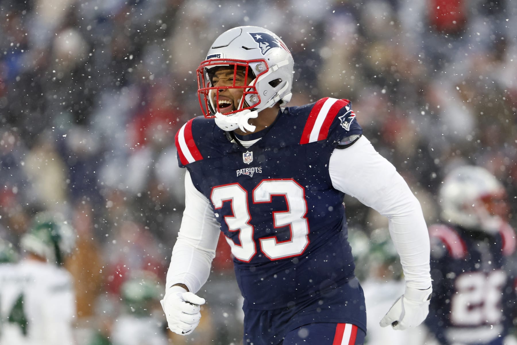 FOXBOROUGH, MA - JANUARY 7: Anfernee Jennings #33 of the New England Patriots celebrates after a sack against the New York Jets at Gillette Stadium on January 7, 2024 in Foxborough, Massachusetts.(Photo By Winslow Townson/Getty Images)