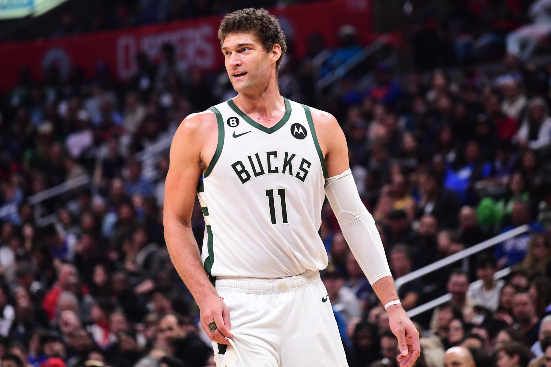 LOS ANGELES, CA - FEBRUARY 10: Brook Lopez #11 of the Milwaukee Bucks looks on during the game against the LA Clippers on February 10, 2023 at Crypto.Com Arena in Los Angeles, California. NOTE TO USER: User expressly acknowledges and agrees that, by downloading and/or using this Photograph, user is consenting to the terms and conditions of the Getty Images License Agreement. Mandatory Copyright Notice: Copyright 2023 NBAE (Photo by Adam Pantozzi/NBAE via Getty Images)