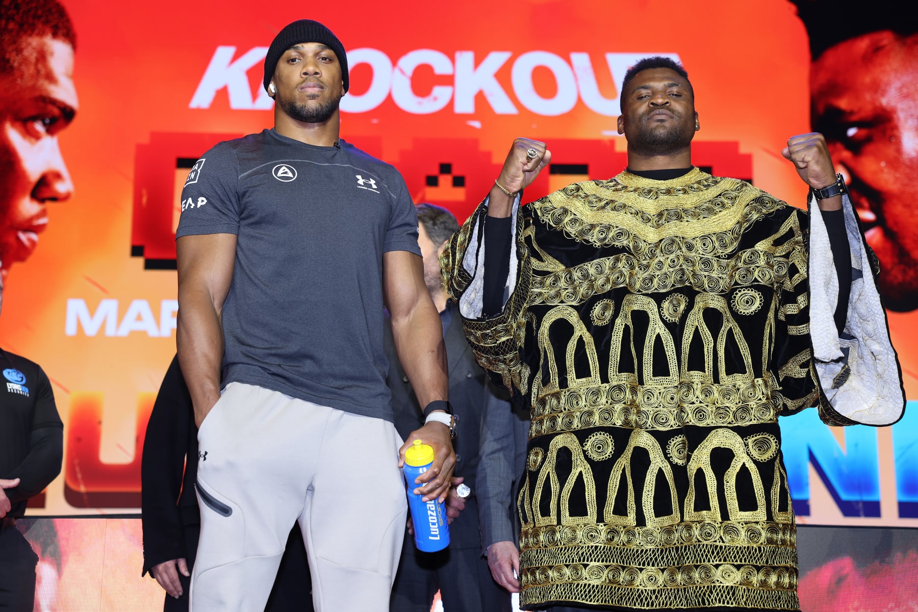 LONDON, ENGLAND - JANUARY 15: Anthony Joshua and Francis Ngannou go head-to-head during the press conference at Outernet London on January 15, 2024 in London, England, to announce their upcoming fight in the Kingdom of Saudi Arabia on 8th March 2023 (Photo by Mark Robinson/Matchroom Boxing via Getty Images).