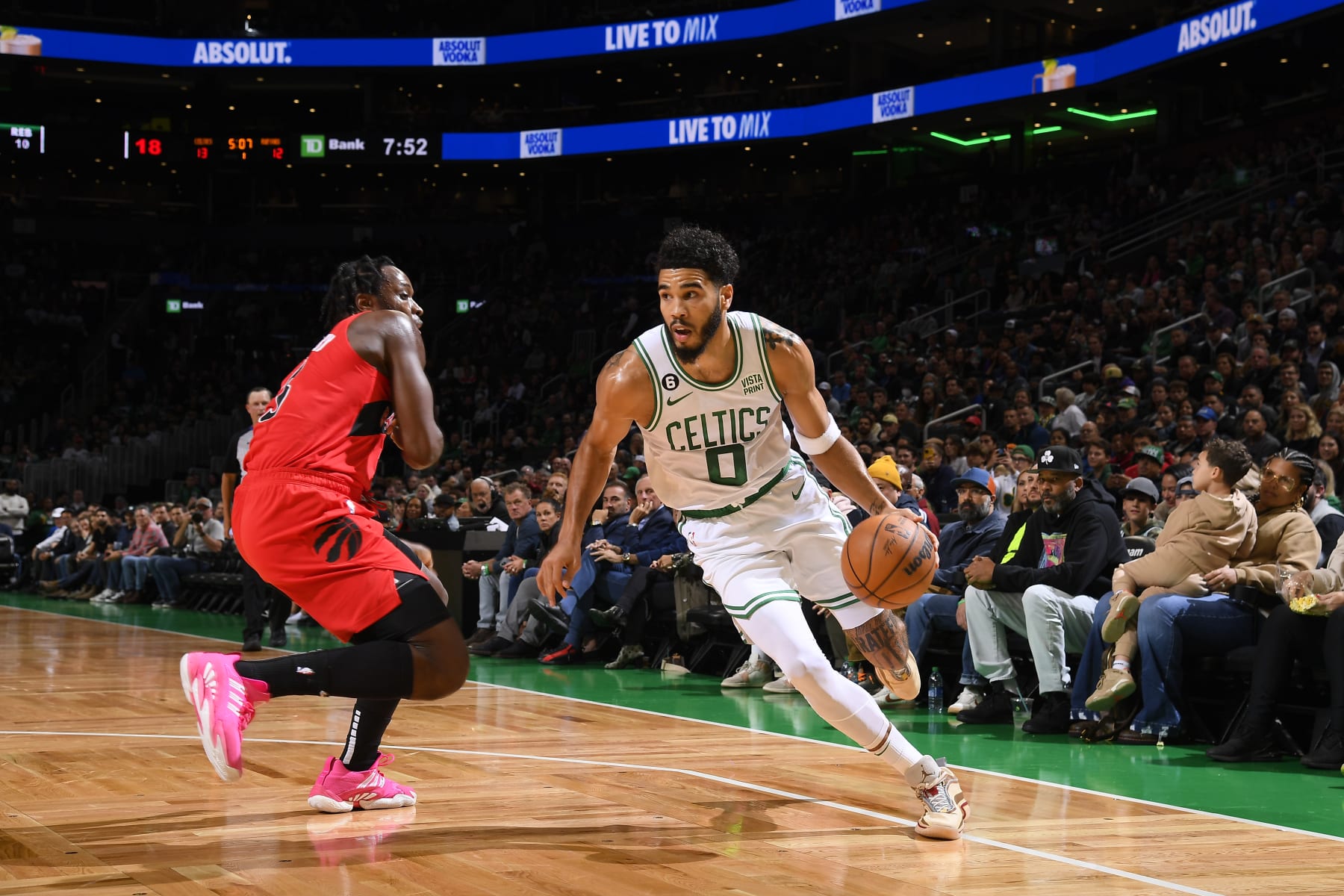 BOSTON, MA - OCTOBER 5: Jayson Tatum #0 of the Boston Celtics drives to the basket during the game against the Toronto Raptors on October 5, 2022 at the TD Garden in Boston, Massachusetts.  NOTE TO USER: User expressly acknowledges and agrees that, by downloading and or using this photograph, User is consenting to the terms and conditions of the Getty Images License Agreement. Mandatory Copyright Notice: Copyright 2022 NBAE  (Photo by Brian Babineau/NBAE via Getty Images)
