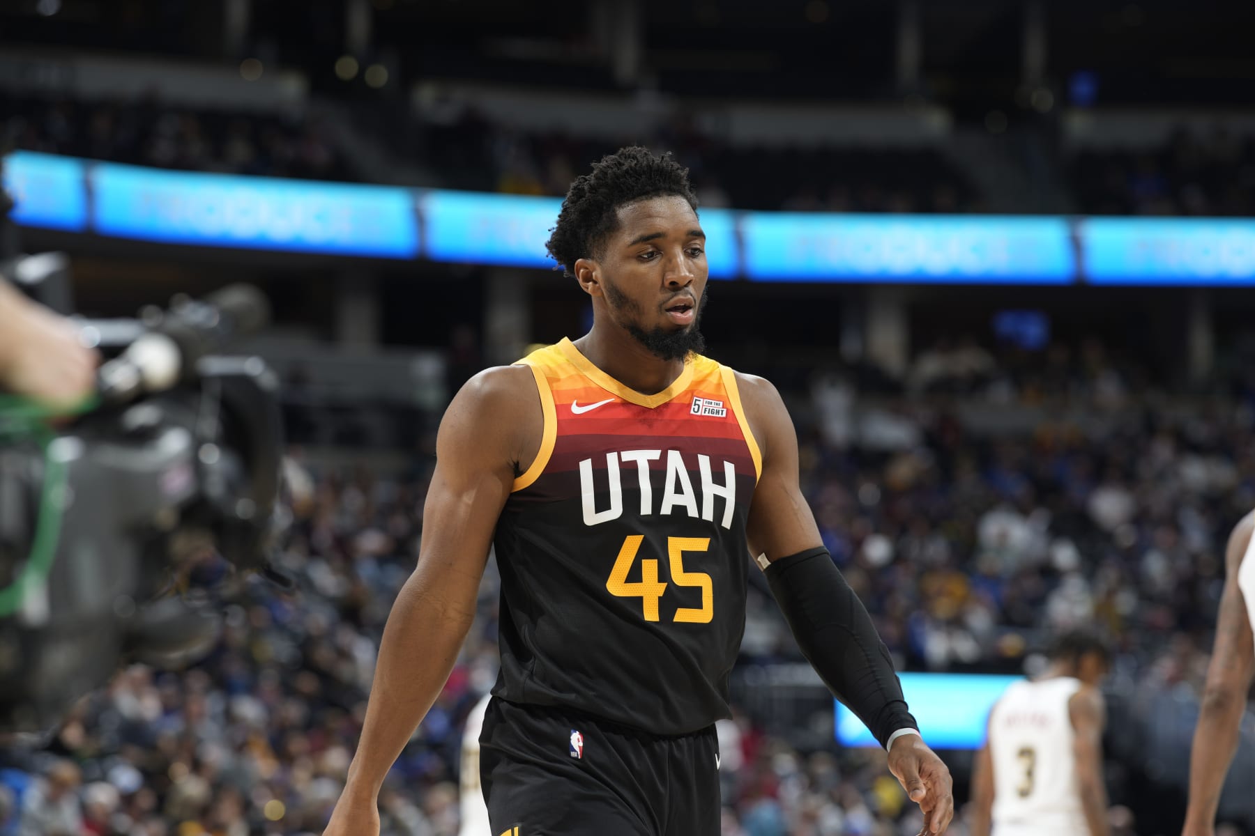 Utah Jazz guard Donovan Mitchell (45) in the second half of an NBA basketball game Sunday Jan. 16, 2022, in Denver. The Jazz won 125-102. (AP Photo/David Zalubowski)